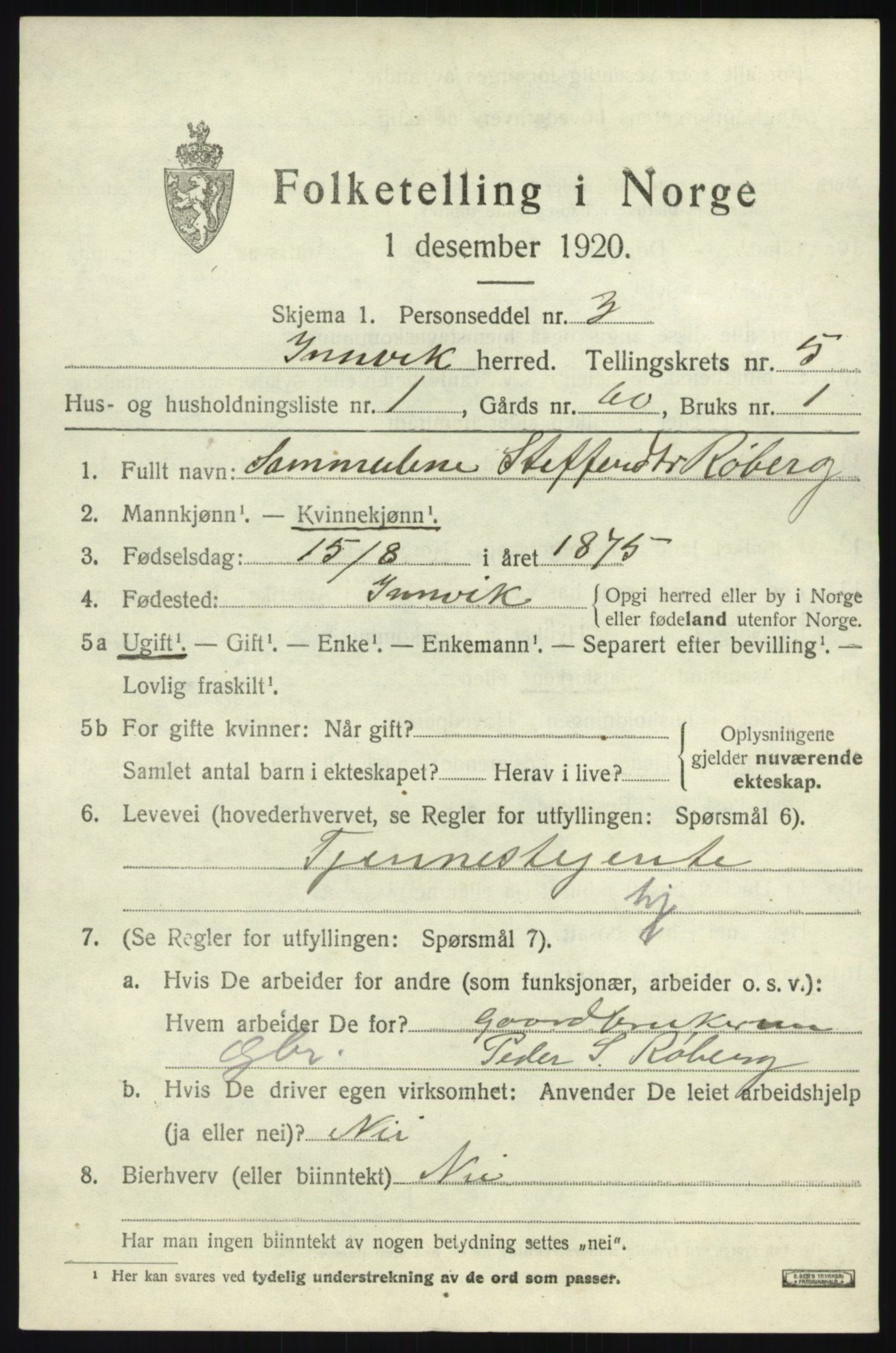 SAB, 1920 census for Innvik, 1920, p. 2733