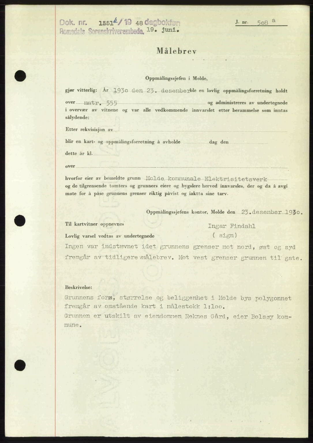 Romsdal sorenskriveri, AV/SAT-A-4149/1/2/2C: Mortgage book no. A26, 1948-1948, Diary no: : 1551/1948