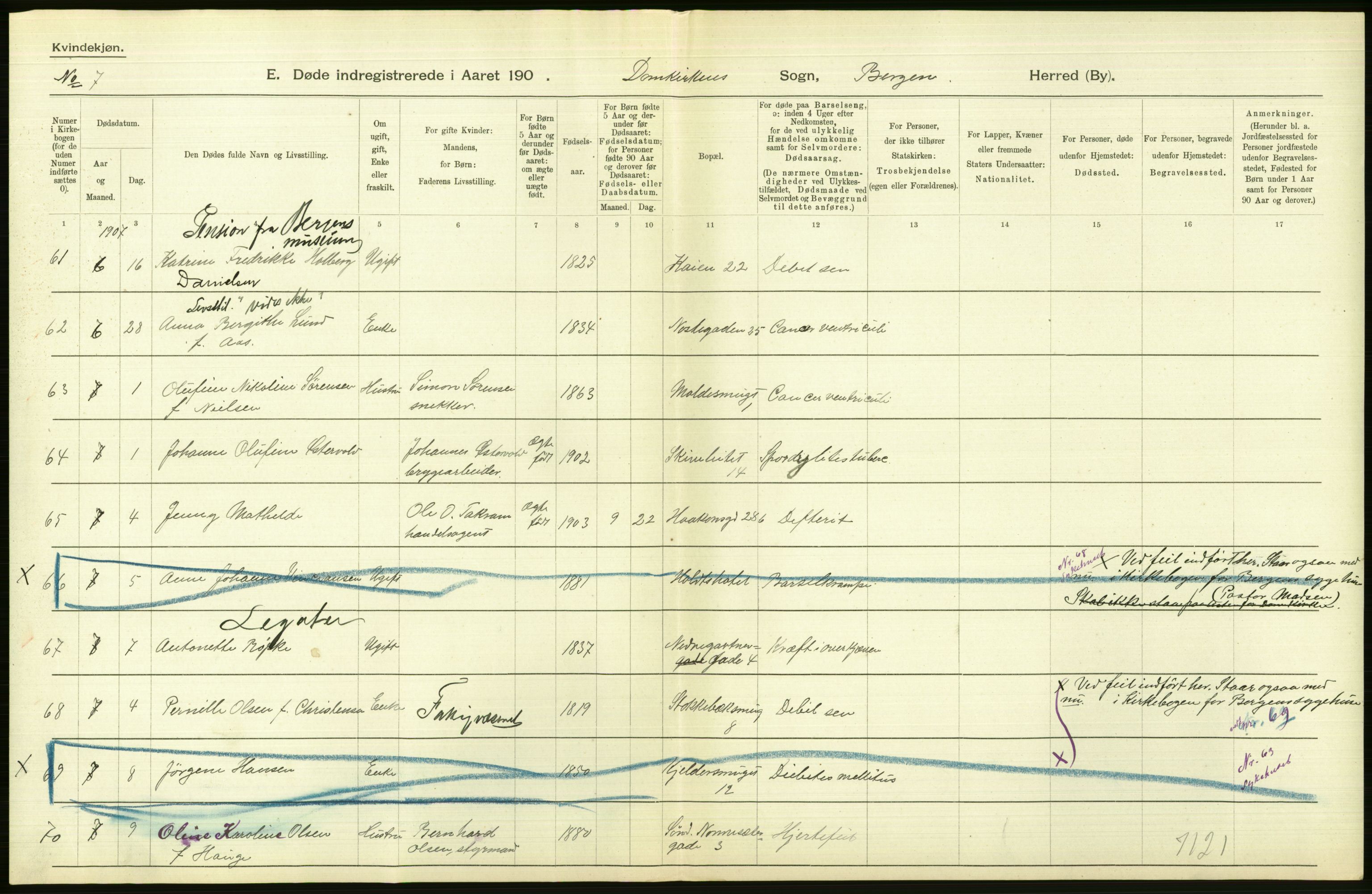 Statistisk sentralbyrå, Sosiodemografiske emner, Befolkning, RA/S-2228/D/Df/Dfa/Dfae/L0031: Bergen: gifte, døde, dødfødte., 1907, p. 288