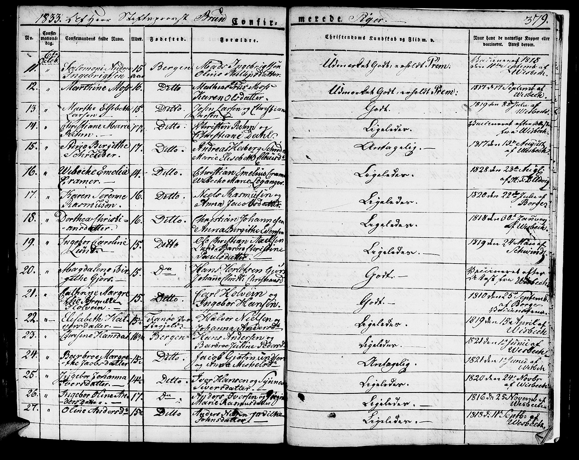 Domkirken sokneprestembete, SAB/A-74801/H/Haa/L0012: Parish register (official) no. A 12, 1821-1840, p. 379