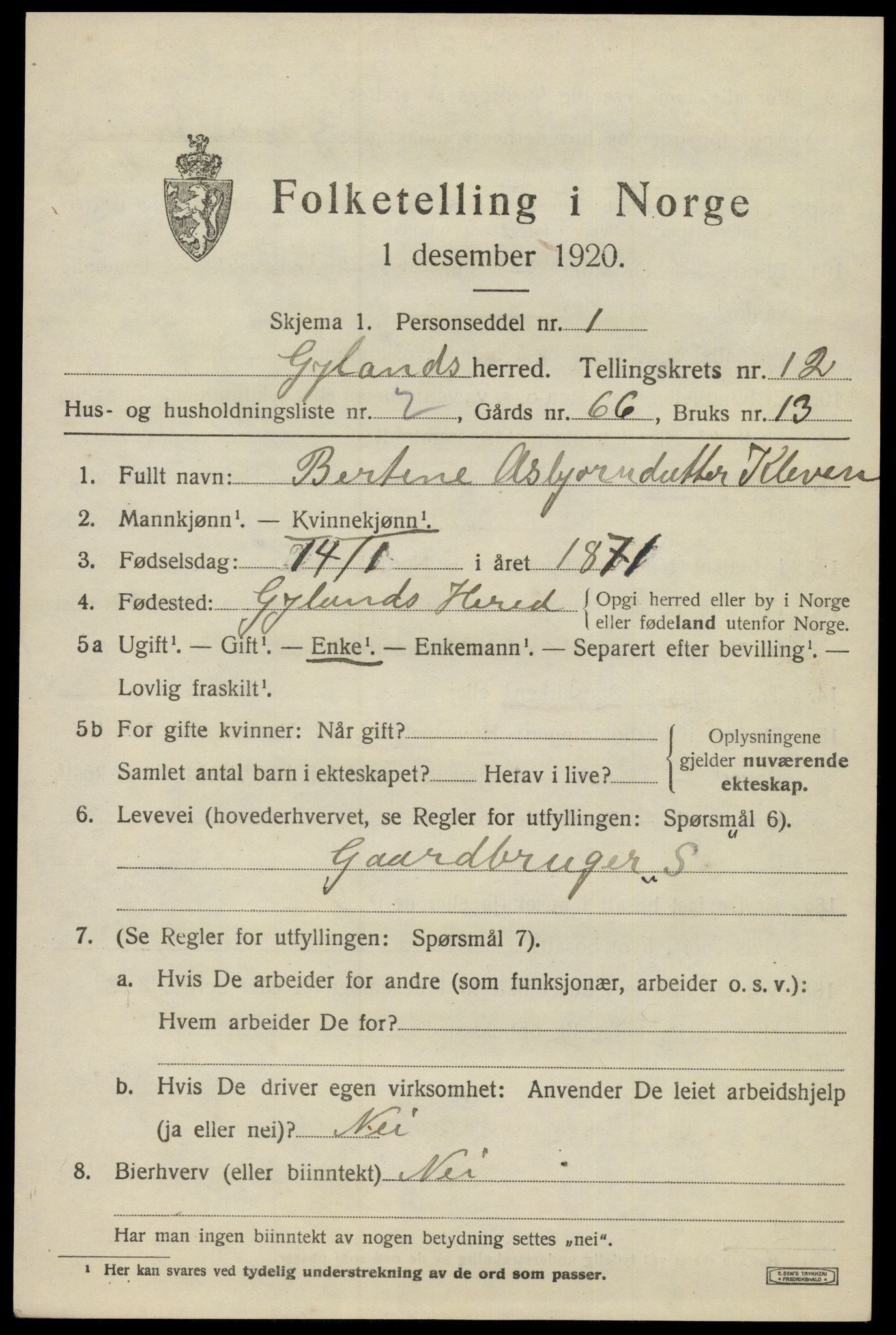 SAK, 1920 census for Gyland, 1920, p. 2442