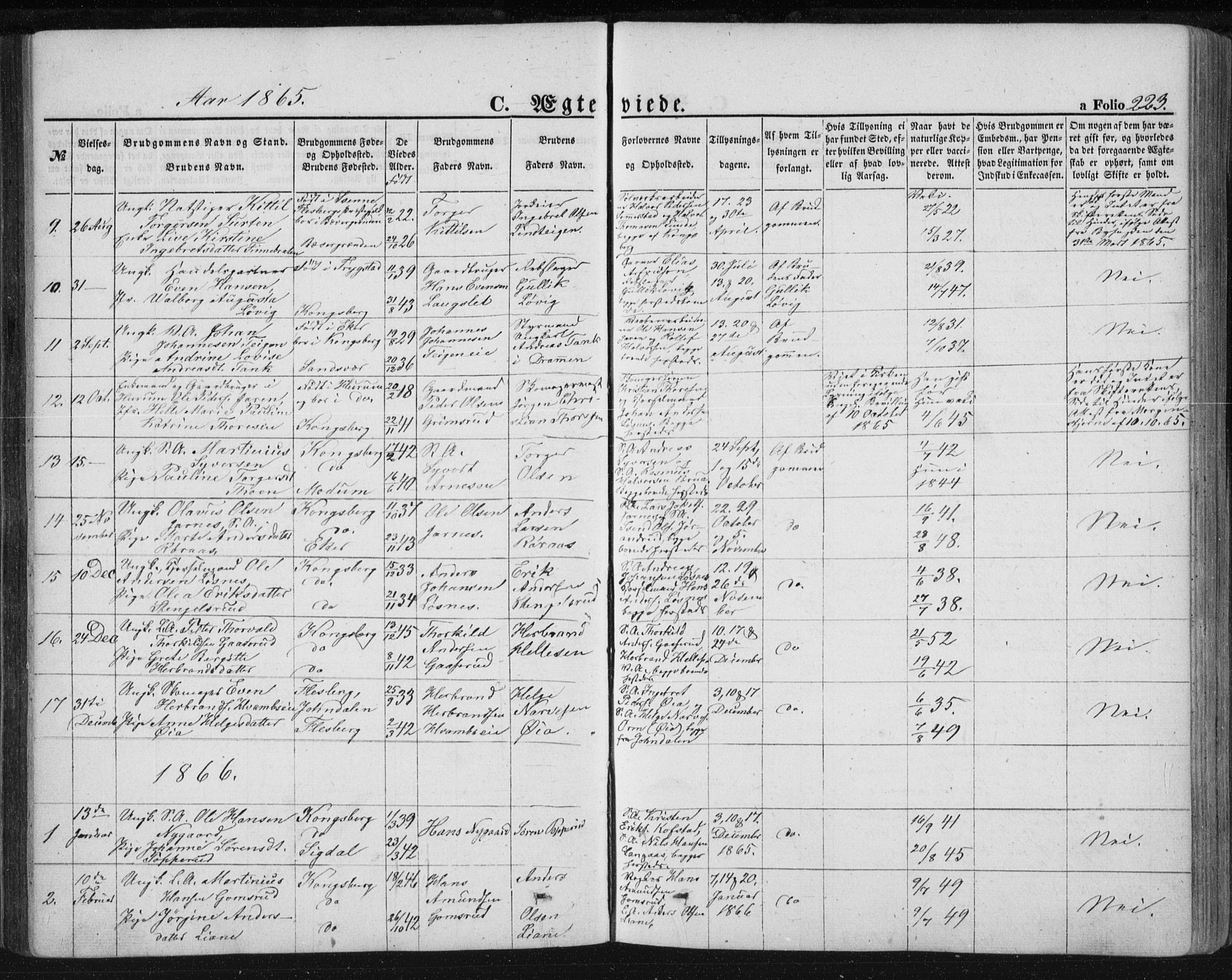 Kongsberg kirkebøker, SAKO/A-22/F/Fa/L0010: Parish register (official) no. I 10, 1859-1875, p. 223