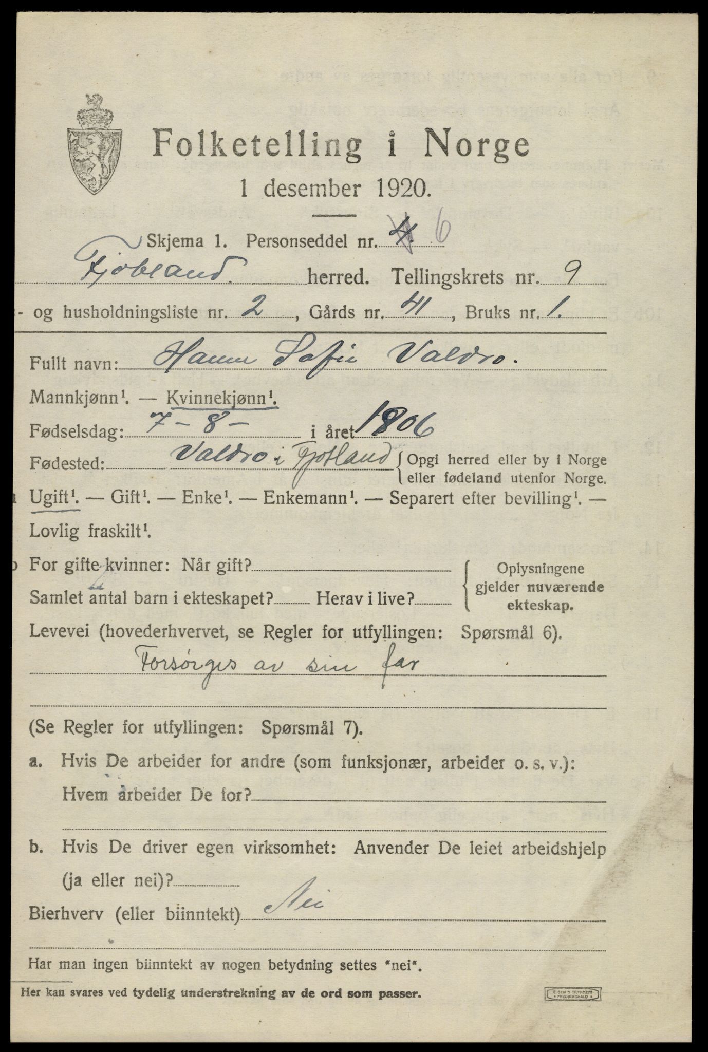 SAK, 1920 census for Fjotland, 1920, p. 2242