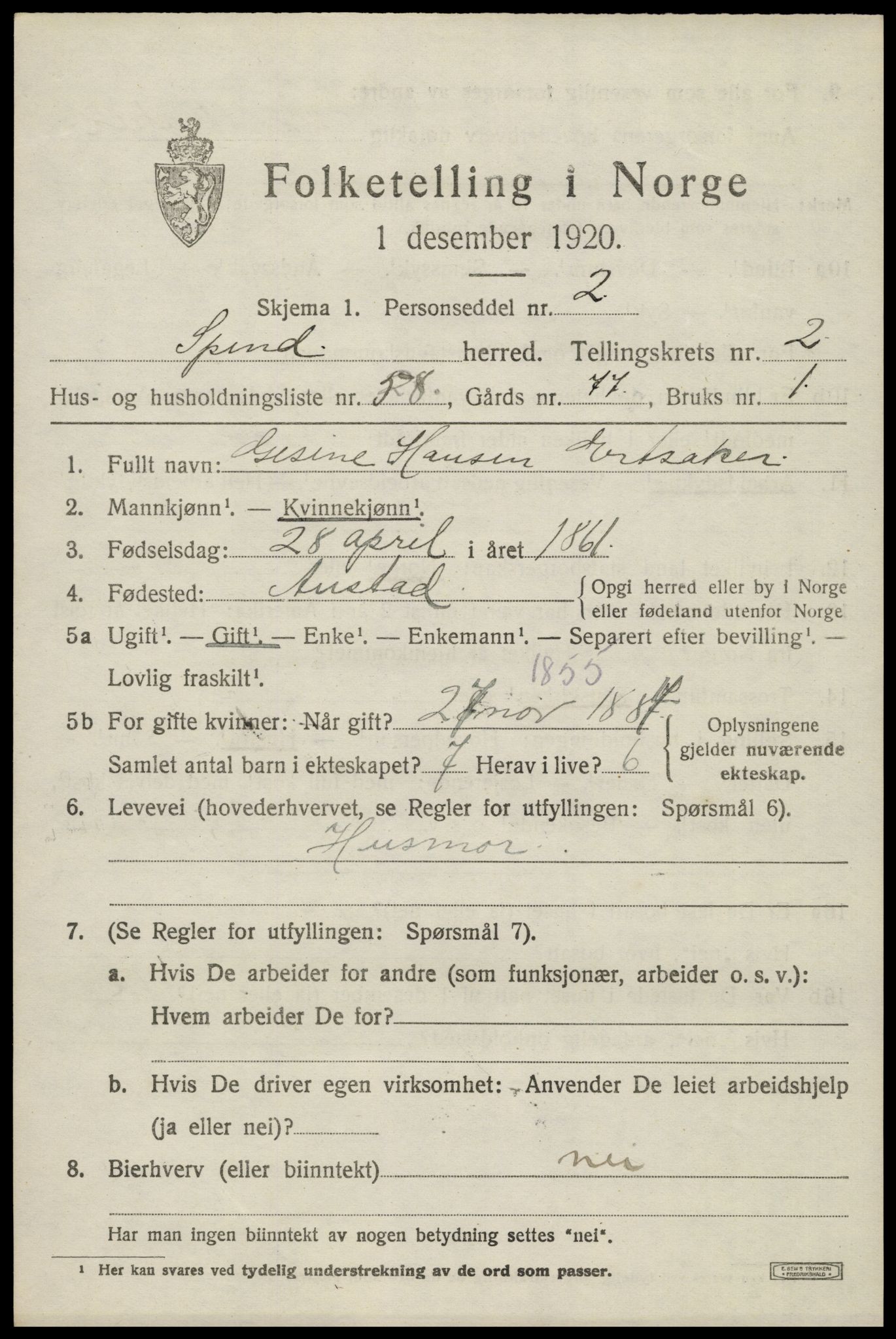 SAK, 1920 census for Spind, 1920, p. 1605