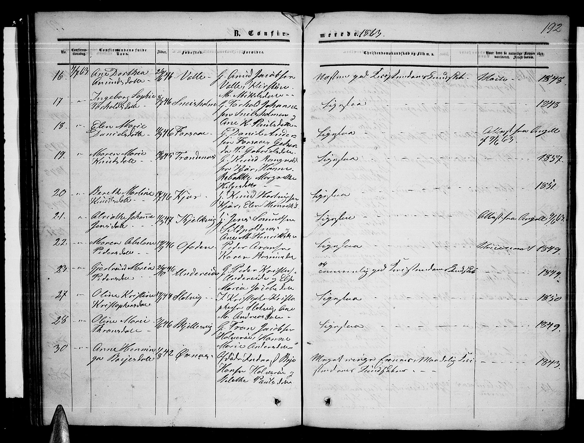 Ministerialprotokoller, klokkerbøker og fødselsregistre - Nordland, AV/SAT-A-1459/872/L1046: Parish register (copy) no. 872C02, 1852-1879, p. 192