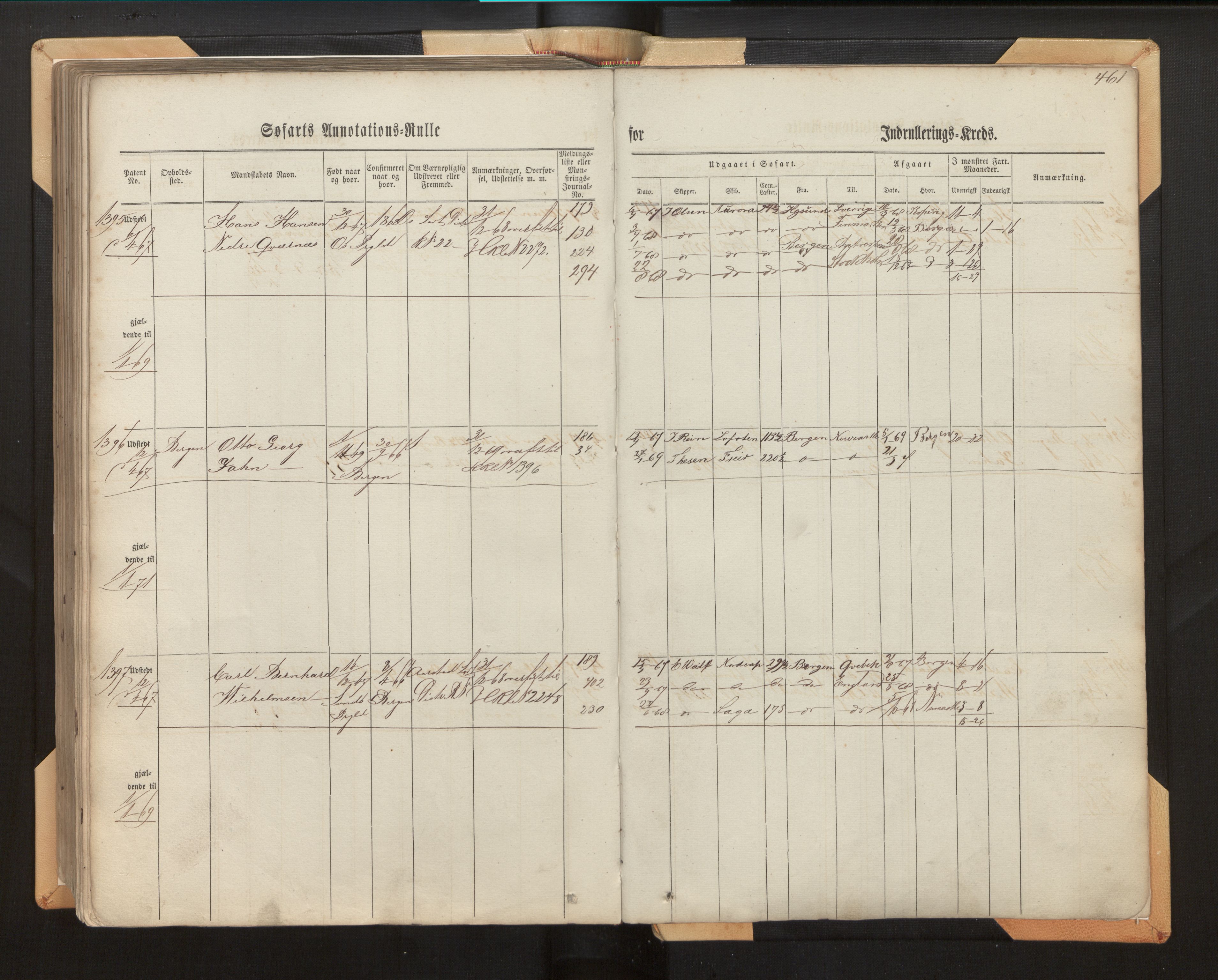 Innrulleringssjefen i Bergen, SAB/A-100050/F/Fh/L0006: Sjøfarts- og annotasjonsrulle for Bergen krets, fol. 239 - ut, 1860-1867, p. 461