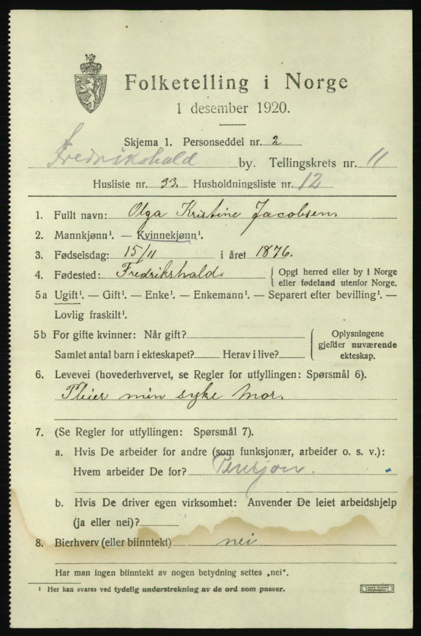 SAO, 1920 census for Fredrikshald, 1920, p. 19745