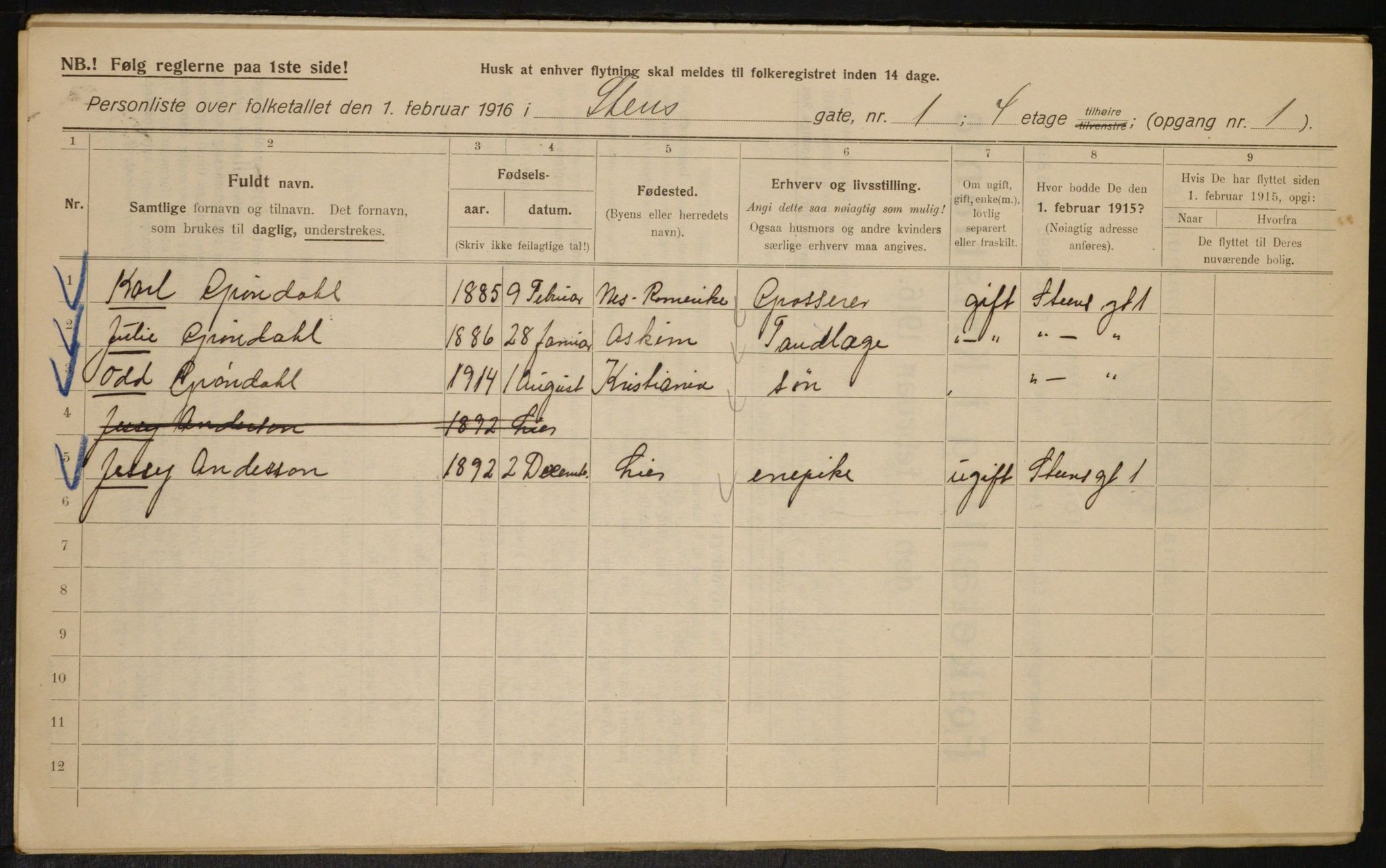 OBA, Municipal Census 1916 for Kristiania, 1916, p. 104455