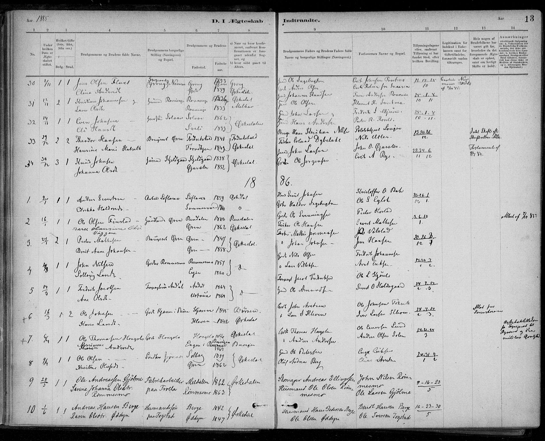 Ministerialprotokoller, klokkerbøker og fødselsregistre - Sør-Trøndelag, SAT/A-1456/668/L0810: Parish register (official) no. 668A10, 1881-1894, p. 13