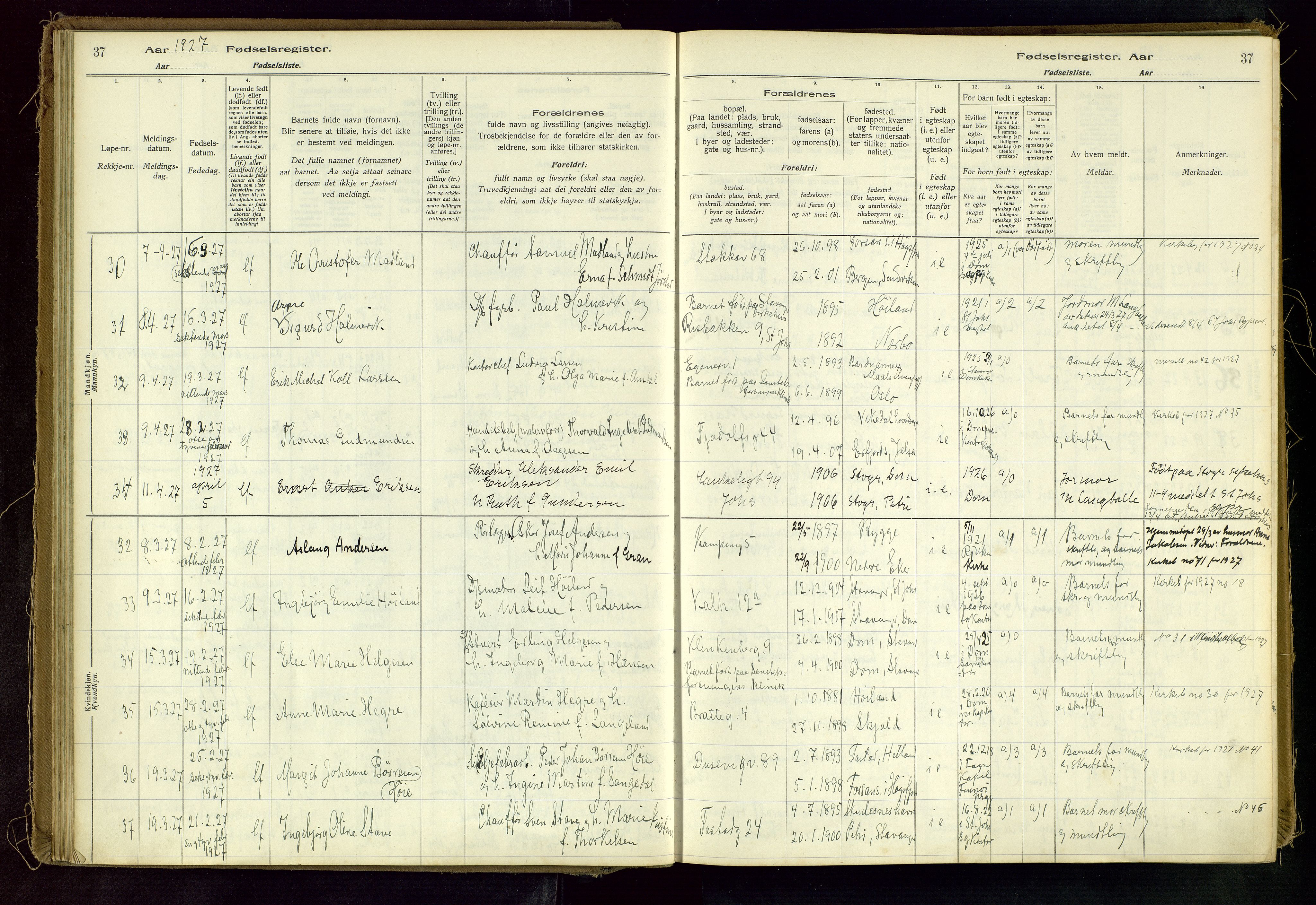 Domkirken sokneprestkontor, SAST/A-101812/002/A/L0001: Birth register no. 1, 1925-1932, p. 37