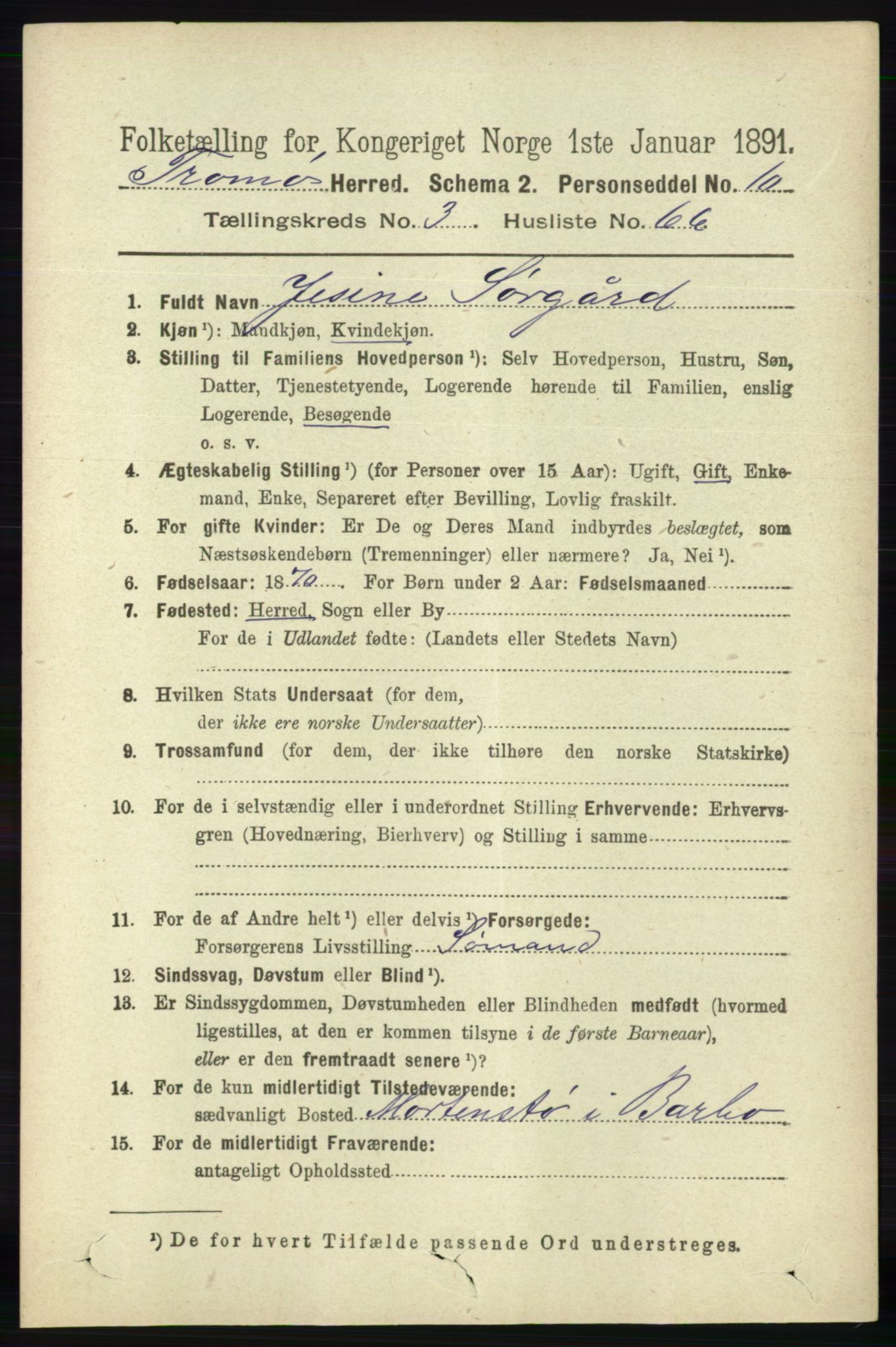 RA, 1891 census for 0921 Tromøy, 1891, p. 1353