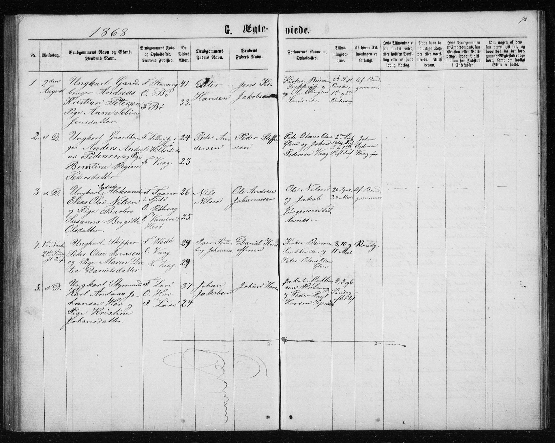 Ministerialprotokoller, klokkerbøker og fødselsregistre - Nordland, AV/SAT-A-1459/835/L0531: Parish register (copy) no. 835C03, 1865-1877, p. 98