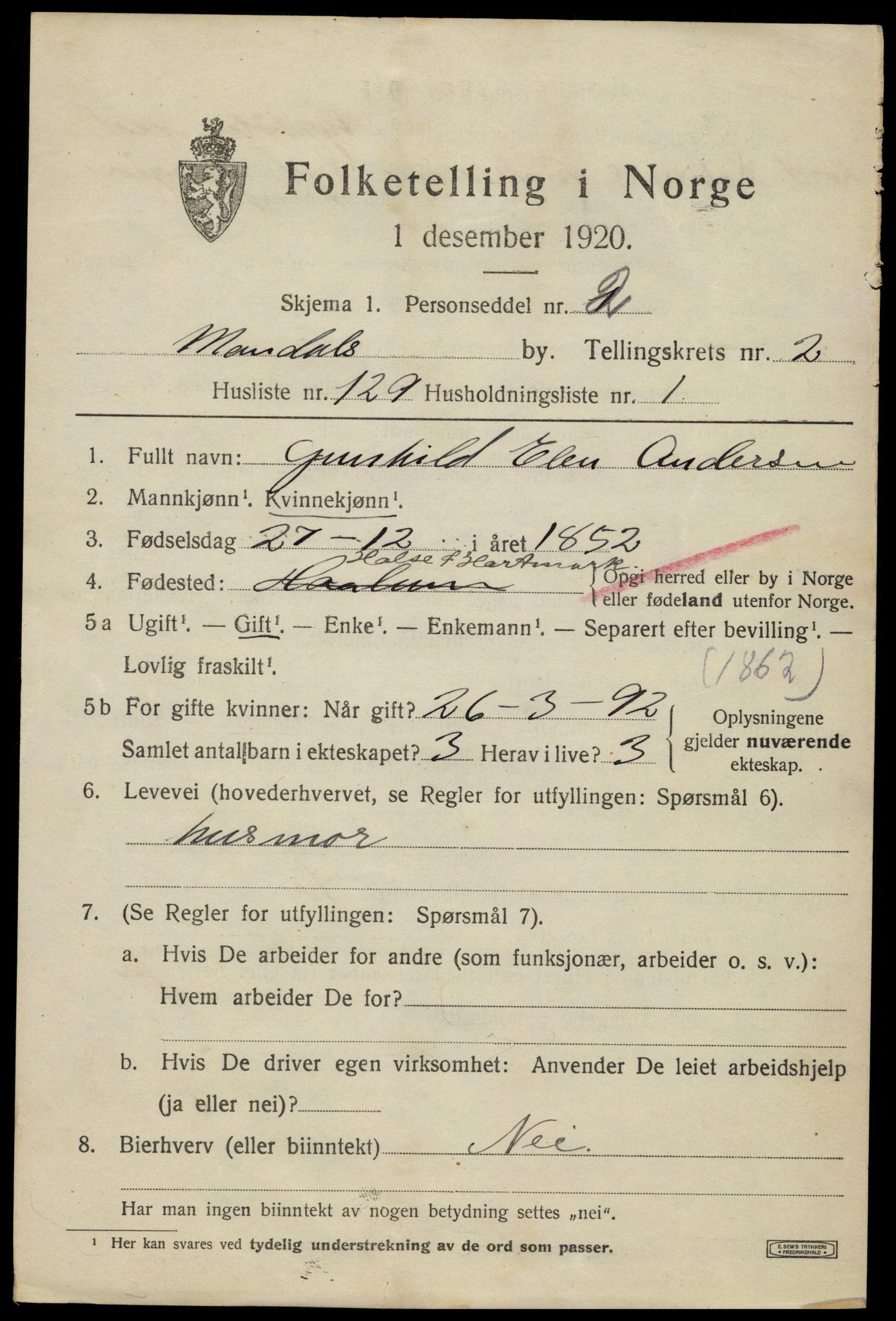 SAK, 1920 census for Mandal, 1920, p. 5417
