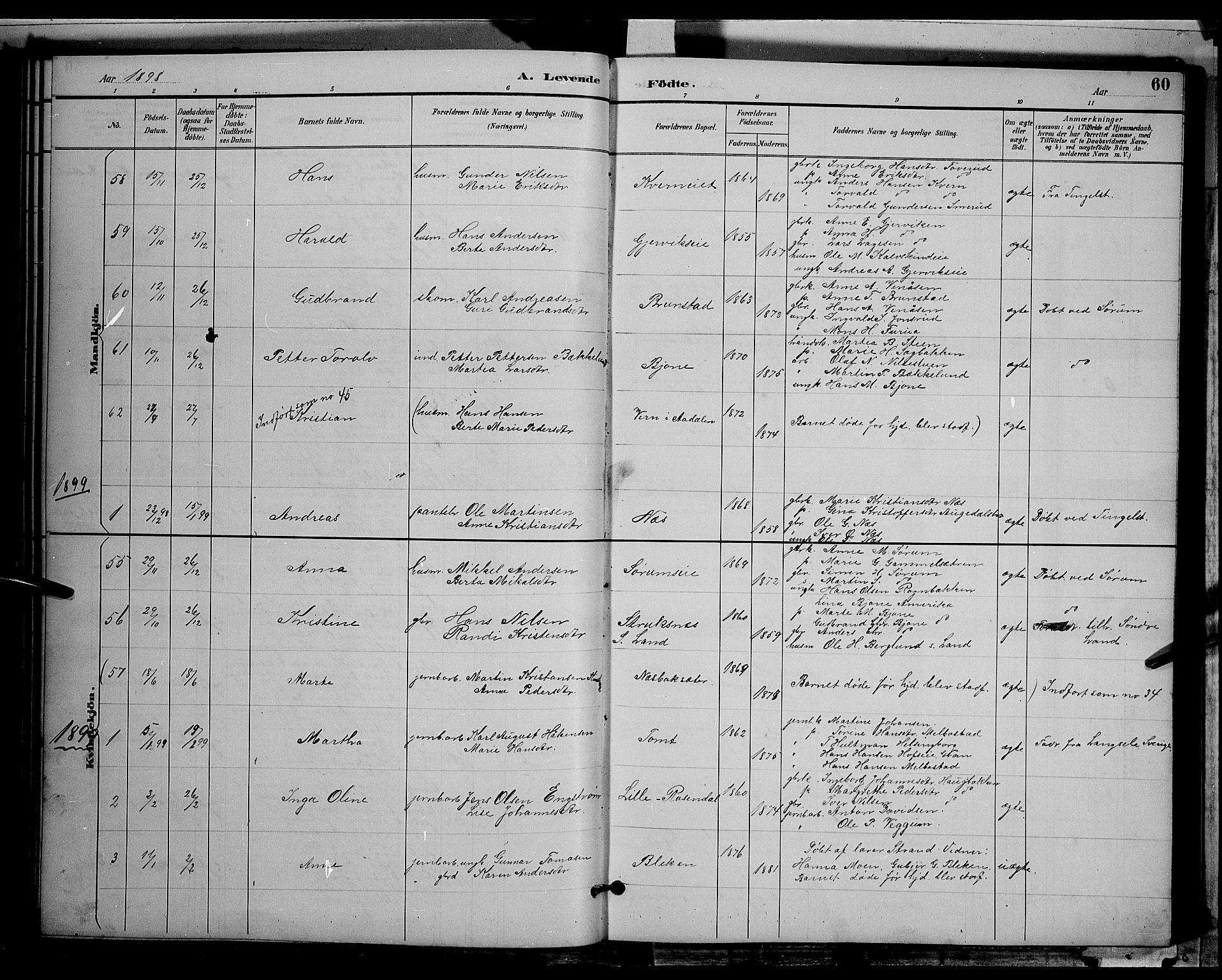 Gran prestekontor, SAH/PREST-112/H/Ha/Hab/L0004: Parish register (copy) no. 4, 1890-1899, p. 60