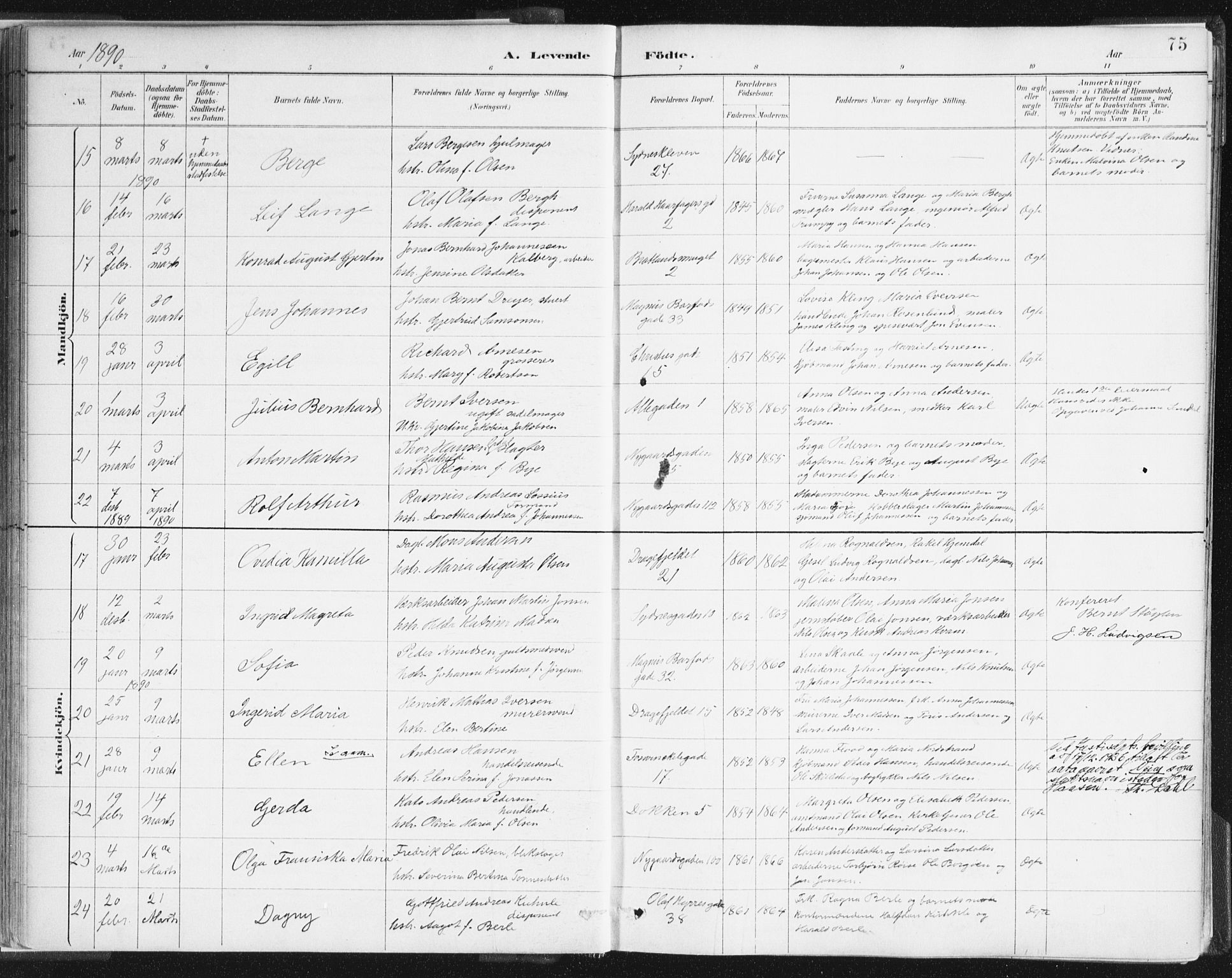 Johanneskirken sokneprestembete, AV/SAB-A-76001/H/Haa/L0001: Parish register (official) no. A 1, 1885-1900, p. 75