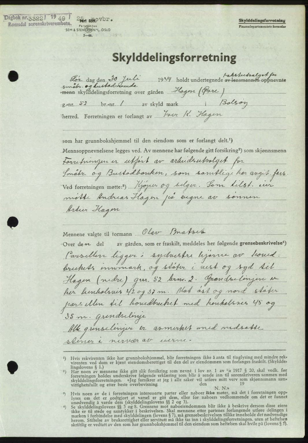 Romsdal sorenskriveri, AV/SAT-A-4149/1/2/2C: Mortgage book no. A31, 1949-1949, Diary no: : 3322/1949