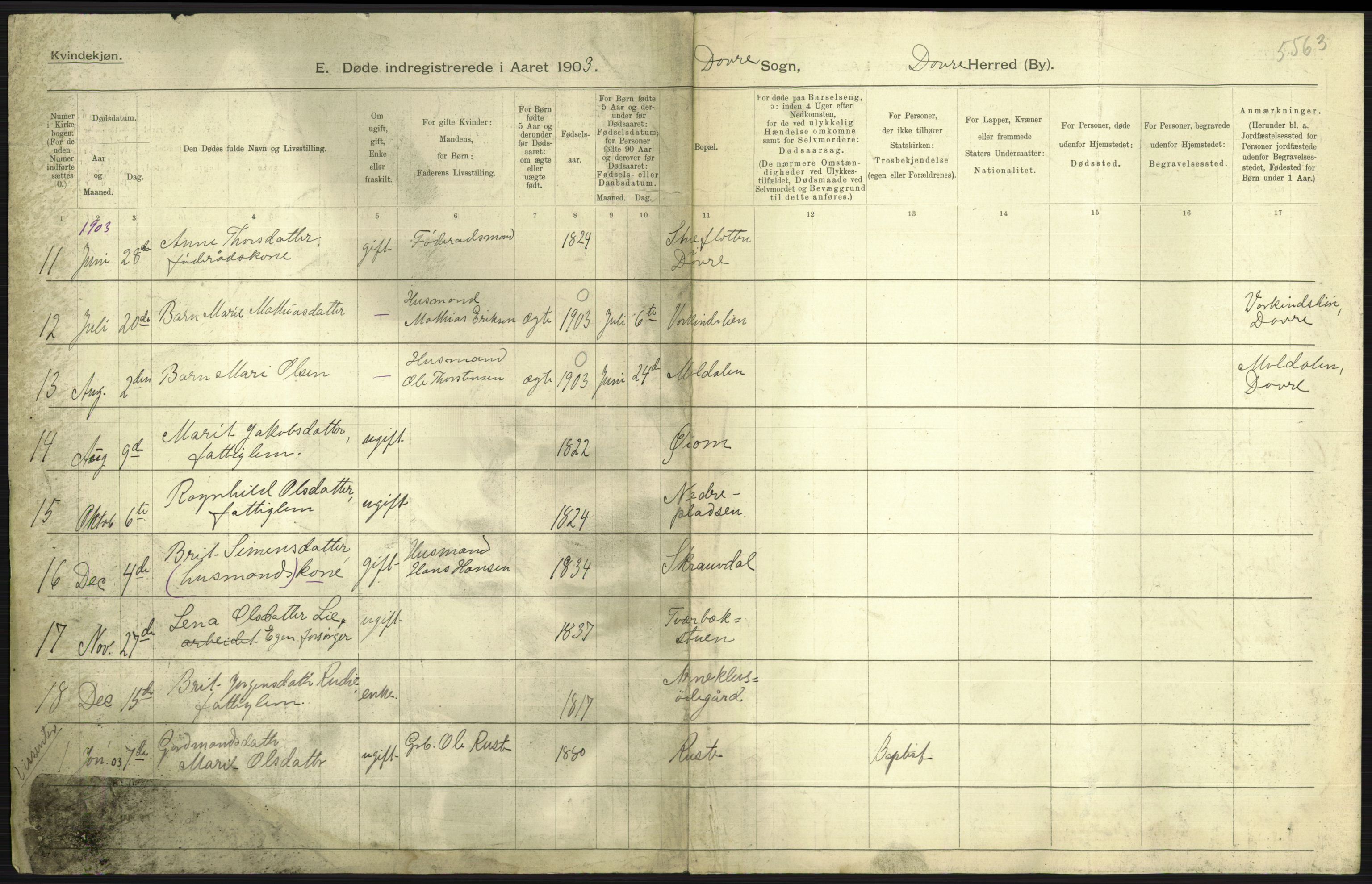 Statistisk sentralbyrå, Sosiodemografiske emner, Befolkning, AV/RA-S-2228/D/Df/Dfa/Dfaa/L0006: Kristians amt: Fødte, gifte, døde, 1903, p. 577