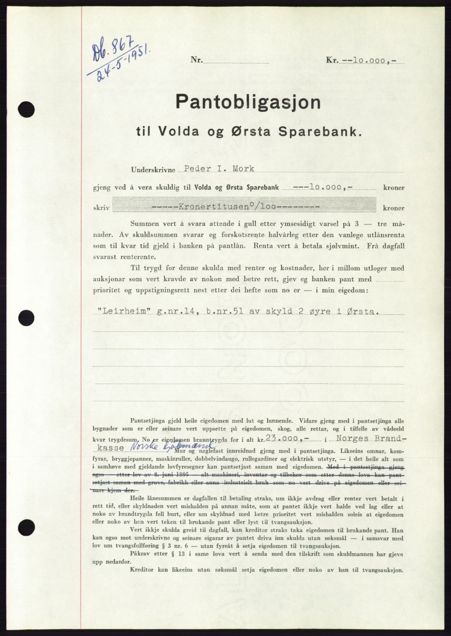 Søre Sunnmøre sorenskriveri, AV/SAT-A-4122/1/2/2C/L0120: Mortgage book no. 8B, 1951-1951, Diary no: : 867/1951