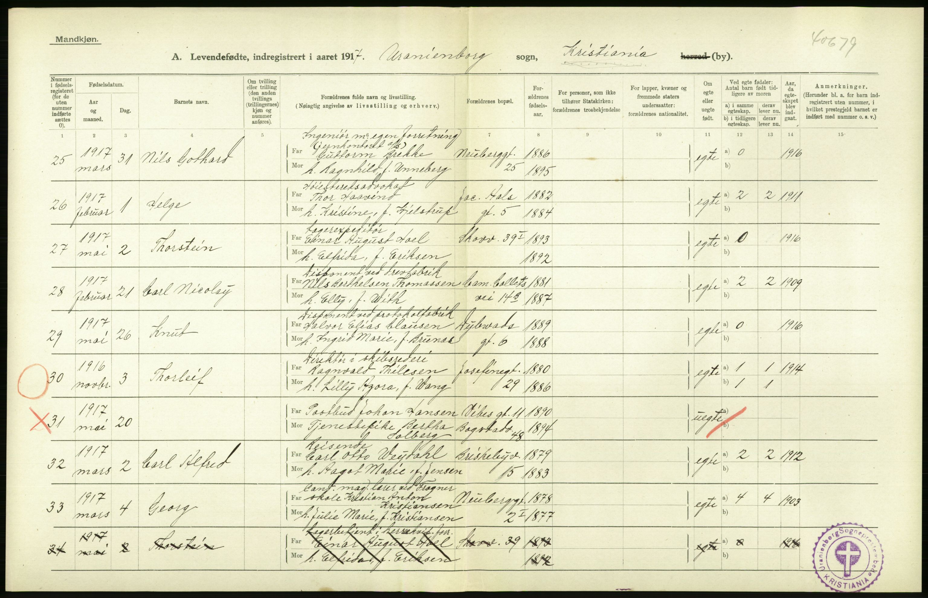 Statistisk sentralbyrå, Sosiodemografiske emner, Befolkning, AV/RA-S-2228/D/Df/Dfb/Dfbg/L0007: Kristiania: Levendefødte menn og kvinner., 1917, p. 290