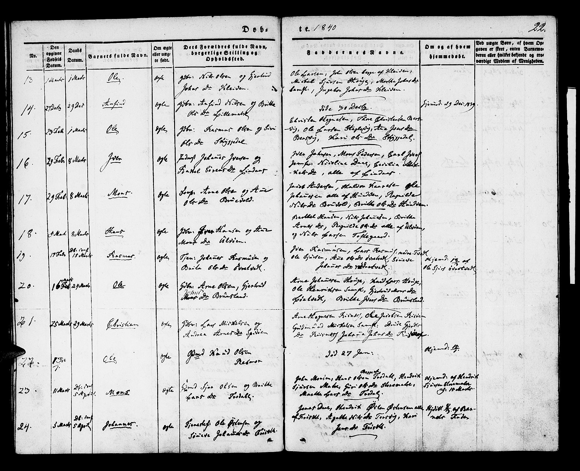 Lindås Sokneprestembete, AV/SAB-A-76701/H/Haa/Haaa/L0009: Parish register (official) no. A 9, 1835-1841, p. 22