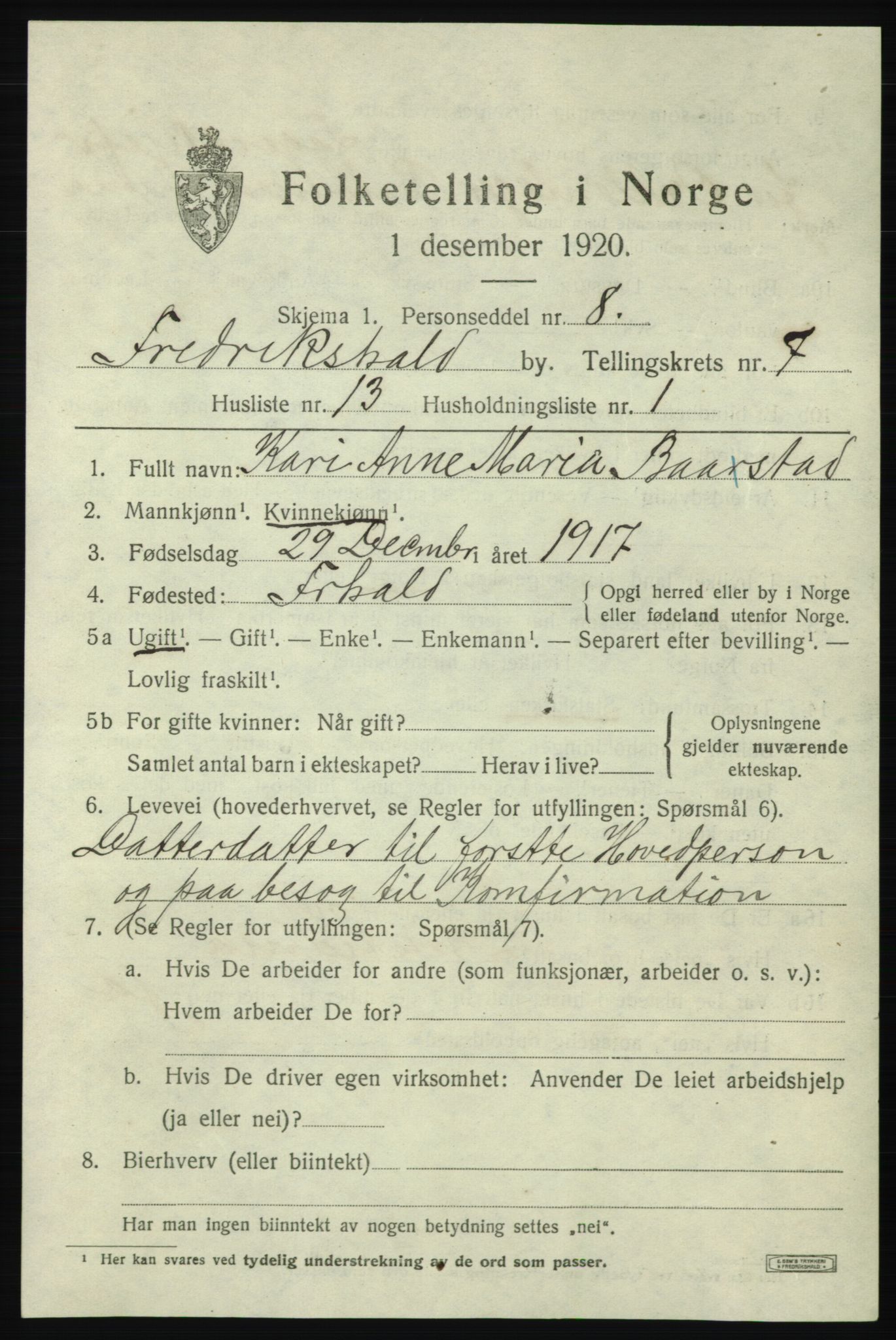 SAO, 1920 census for Fredrikshald, 1920, p. 14110