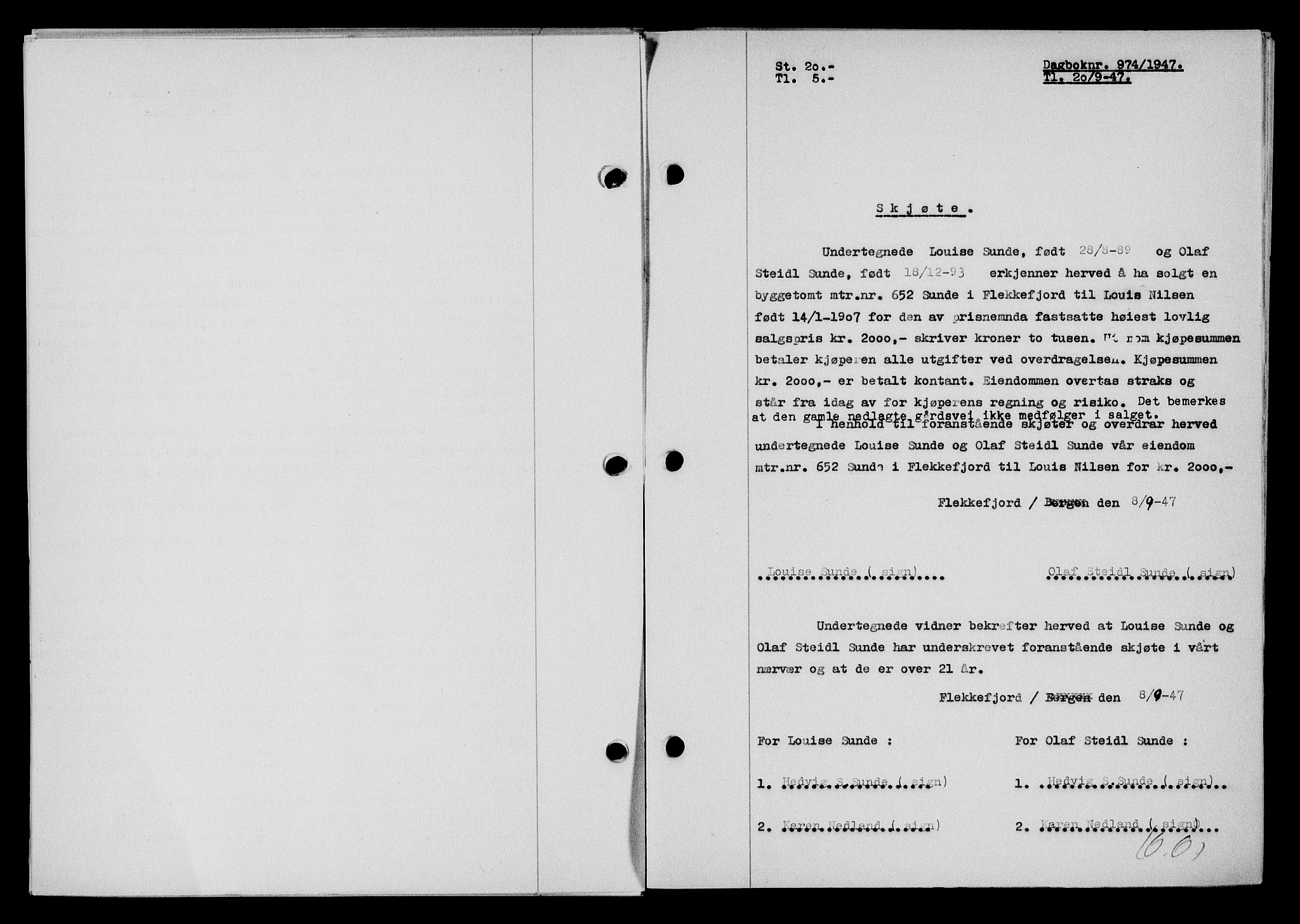 Flekkefjord sorenskriveri, SAK/1221-0001/G/Gb/Gba/L0062: Mortgage book no. A-10, 1947-1947, Diary no: : 974/1947