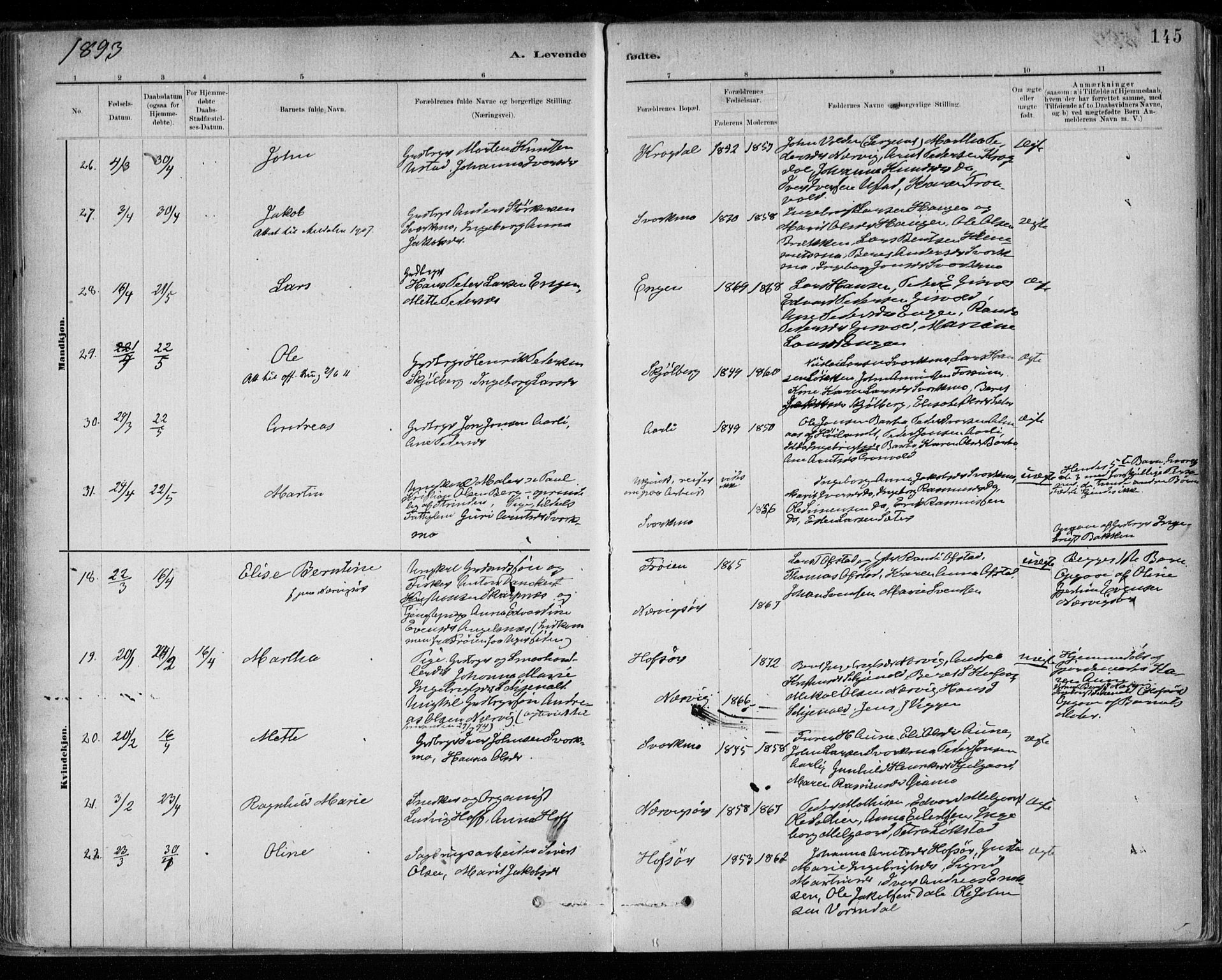 Ministerialprotokoller, klokkerbøker og fødselsregistre - Sør-Trøndelag, AV/SAT-A-1456/668/L0809: Parish register (official) no. 668A09, 1881-1895, p. 145