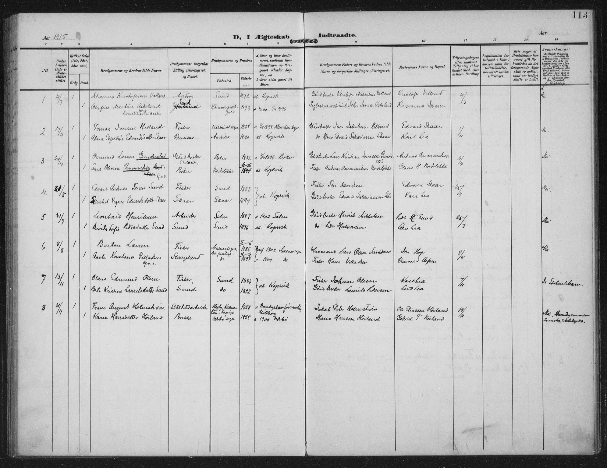 Kopervik sokneprestkontor, AV/SAST-A-101850/H/Ha/Haa/L0003: Parish register (official) no. A 3, 1906-1924, p. 113