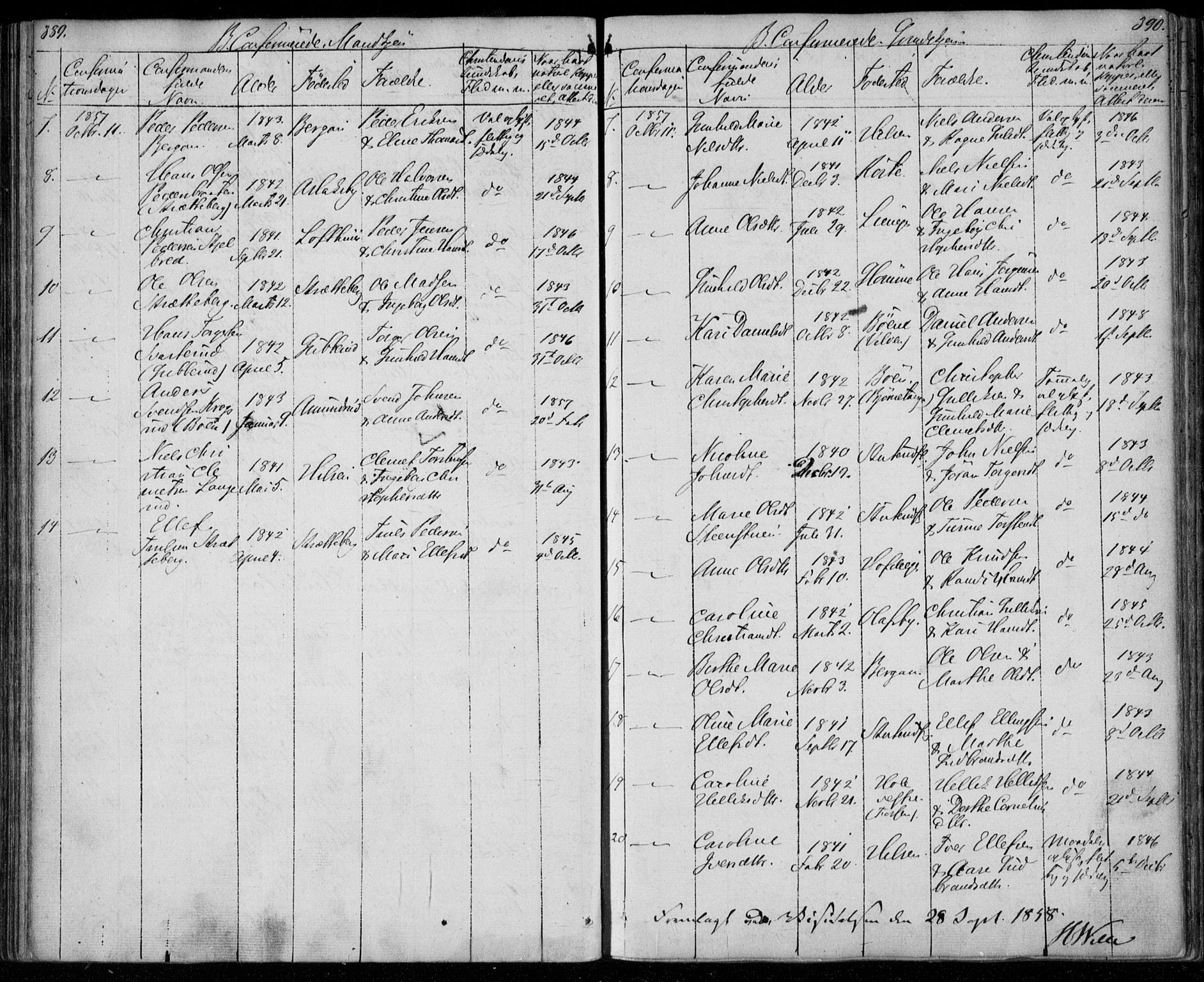 Modum kirkebøker, AV/SAKO-A-234/F/Fa/L0008: Parish register (official) no. 8, 1851-1859, p. 389-390