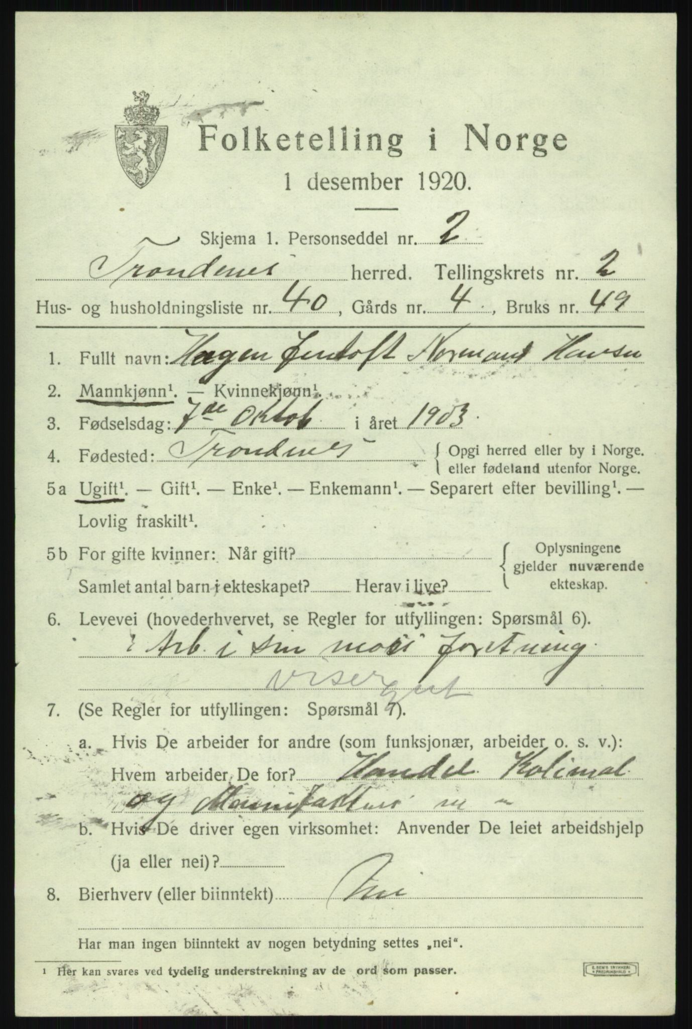 SATØ, 1920 census for Trondenes, 1920, p. 4141