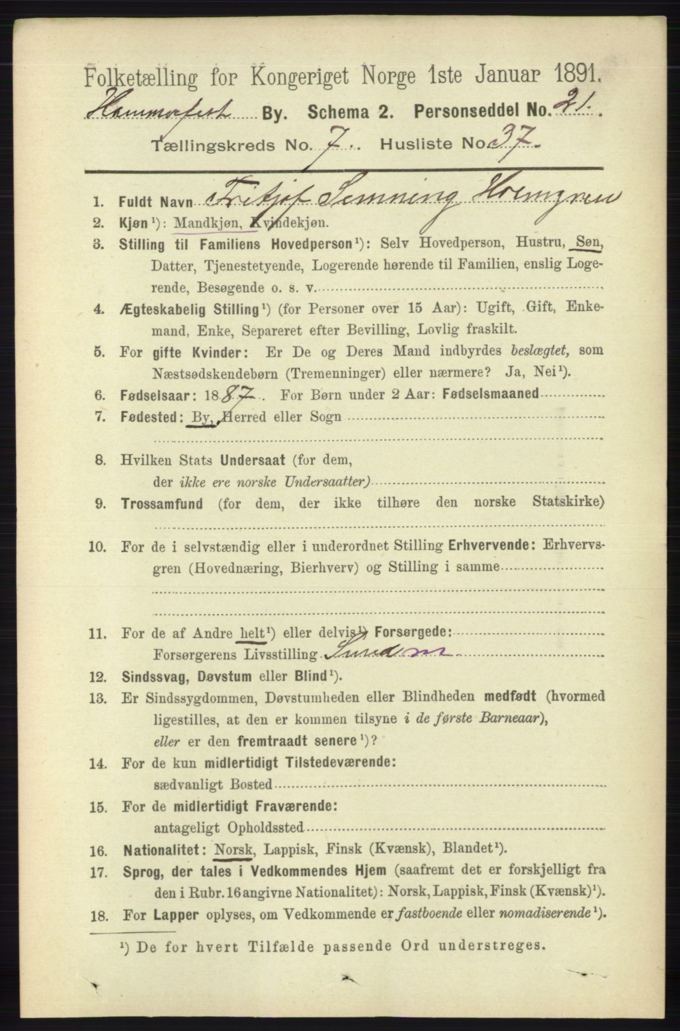 RA, 1891 census for 2001 Hammerfest, 1891, p. 2770