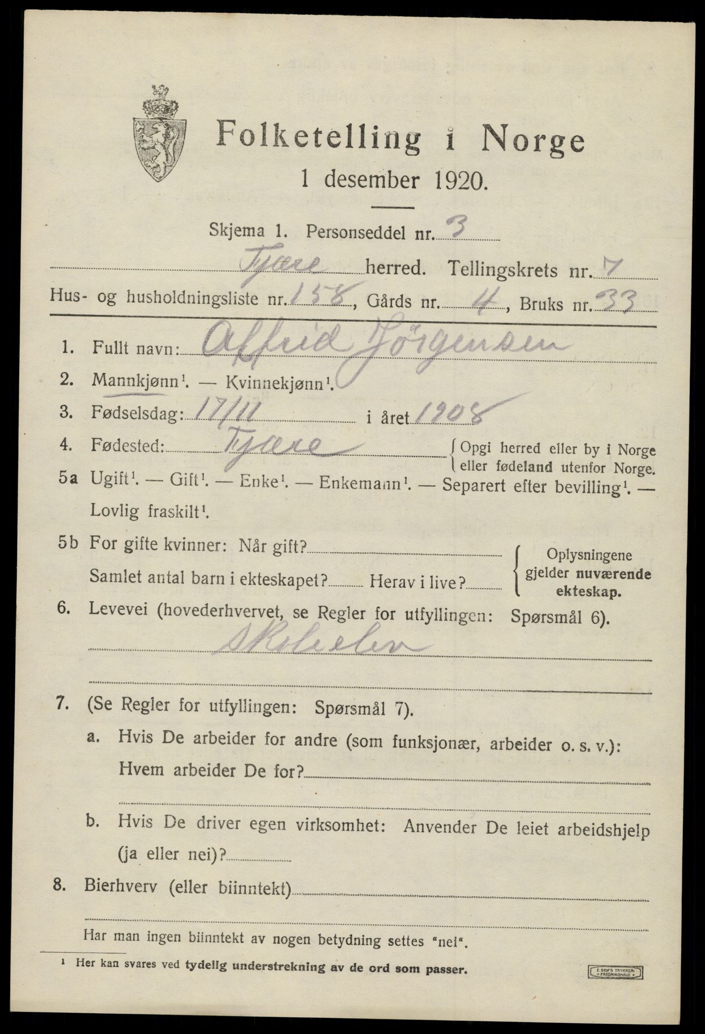 SAK, 1920 census for Fjære, 1920, p. 10033