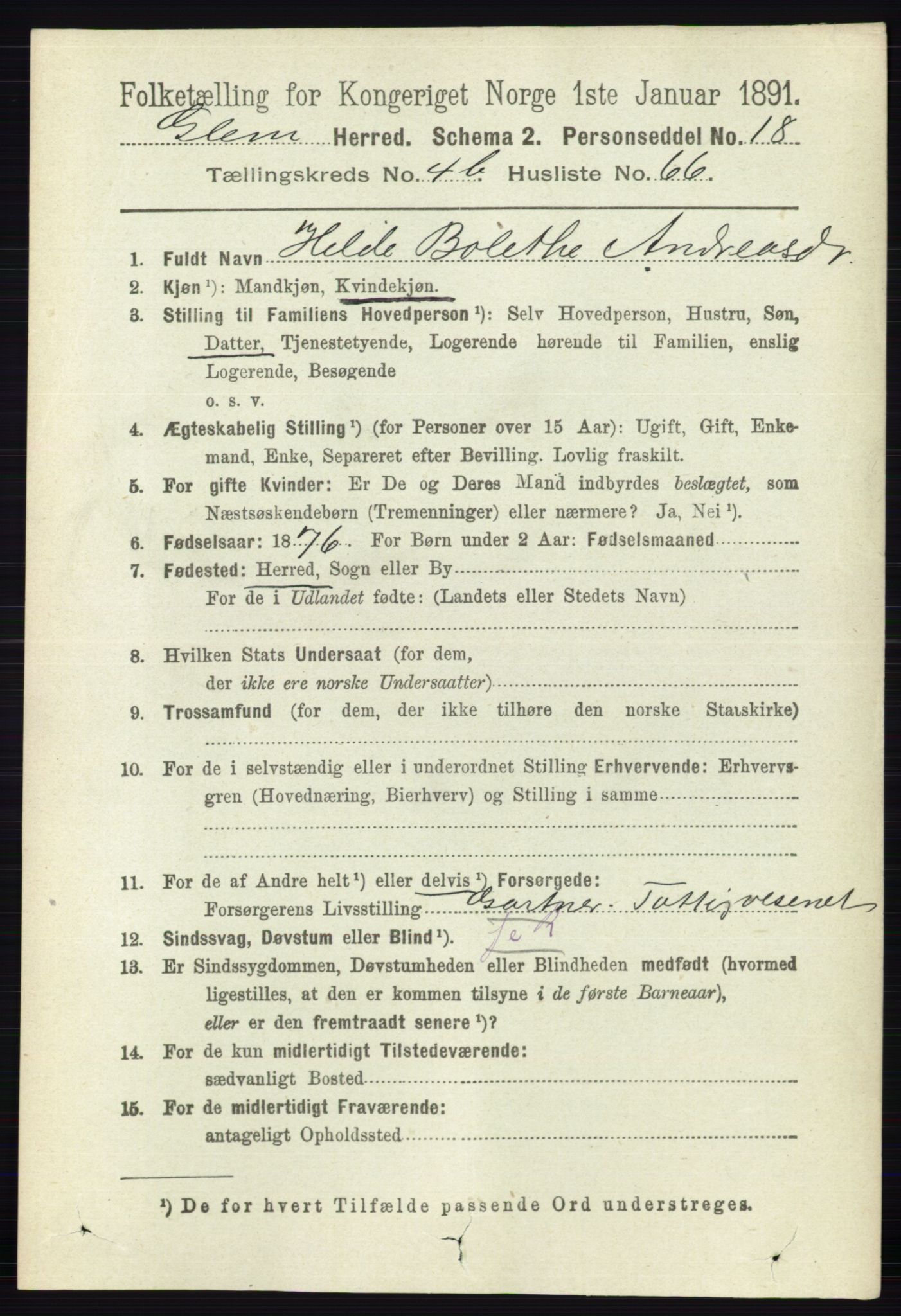 RA, 1891 census for 0132 Glemmen, 1891, p. 5566