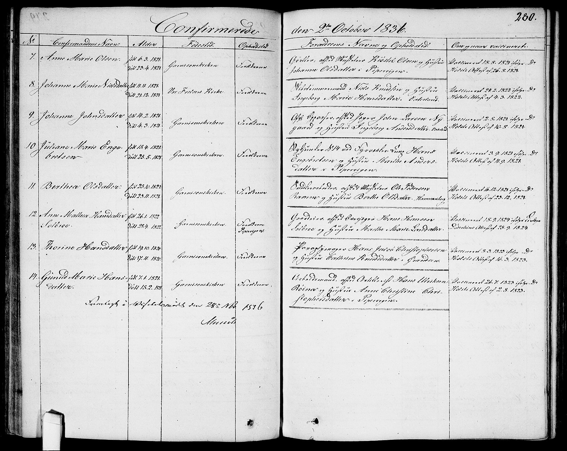 Garnisonsmenigheten Kirkebøker, AV/SAO-A-10846/G/Ga/L0004: Parish register (copy) no. 4, 1828-1840, p. 280