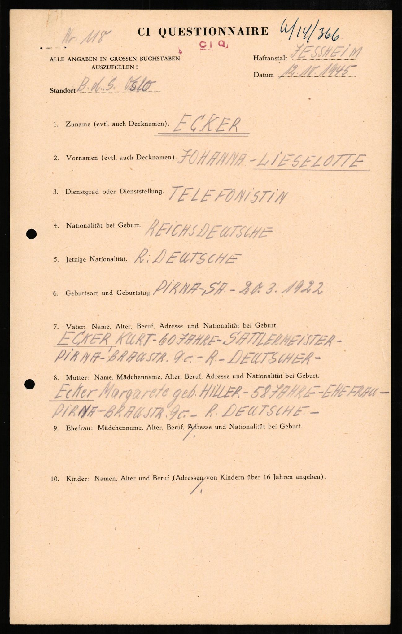 Forsvaret, Forsvarets overkommando II, AV/RA-RAFA-3915/D/Db/L0007: CI Questionaires. Tyske okkupasjonsstyrker i Norge. Tyskere., 1945-1946, p. 32