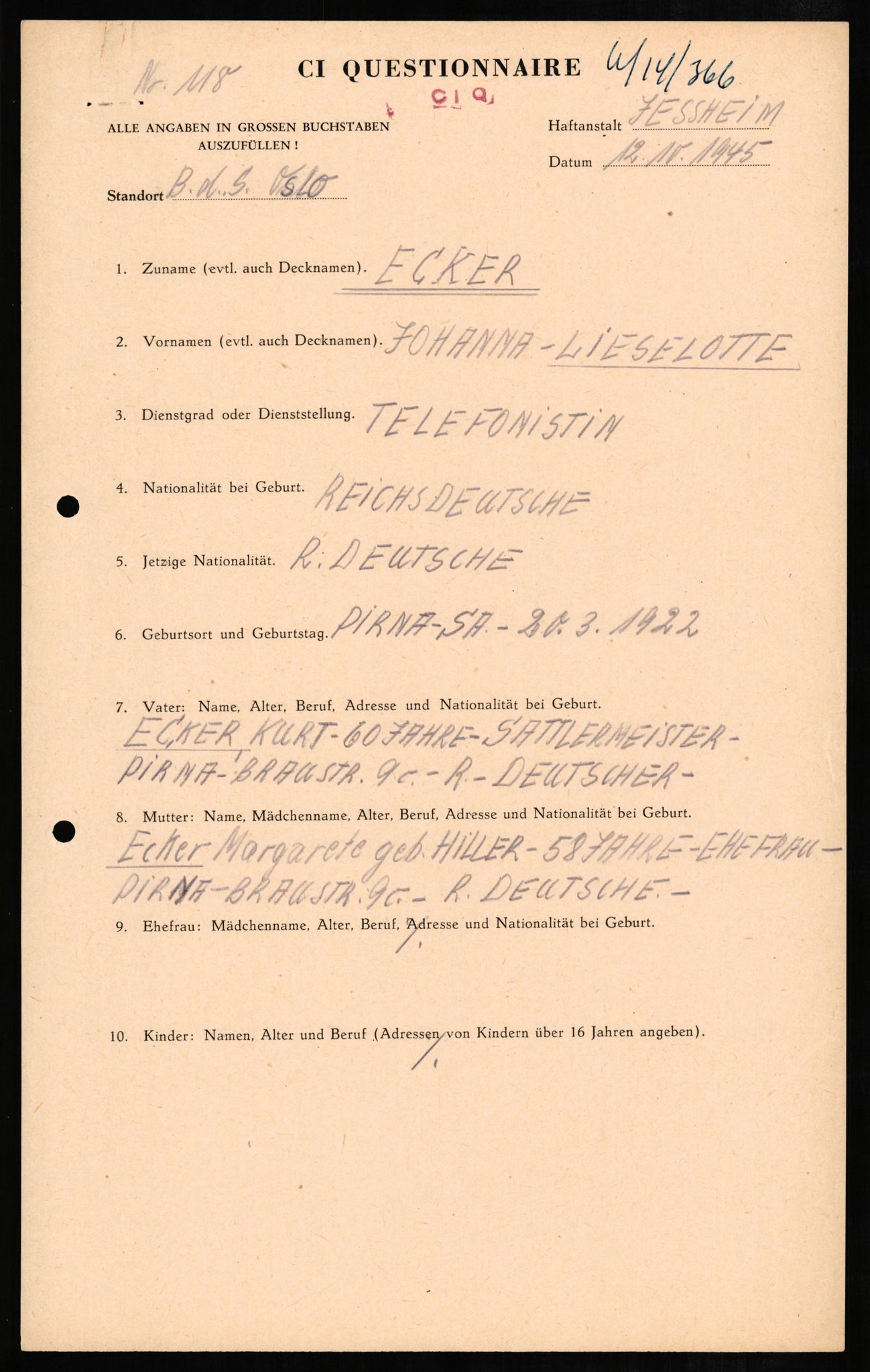 Forsvaret, Forsvarets overkommando II, RA/RAFA-3915/D/Db/L0007: CI Questionaires. Tyske okkupasjonsstyrker i Norge. Tyskere., 1945-1946, p. 32