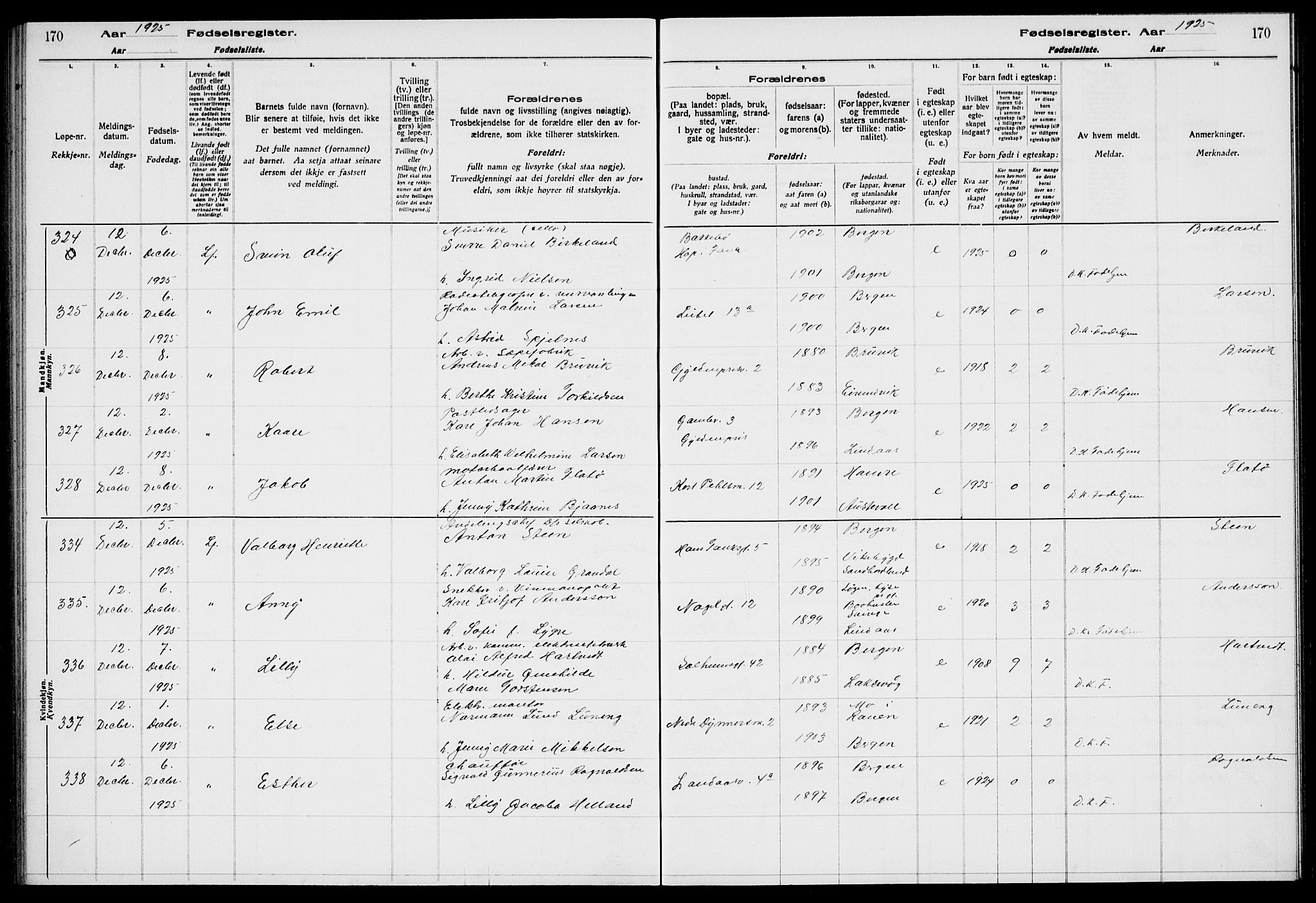 Sandviken Sokneprestembete, AV/SAB-A-77601/I/Ib/L00A3: Birth register no. A 3, 1923-1926, p. 170