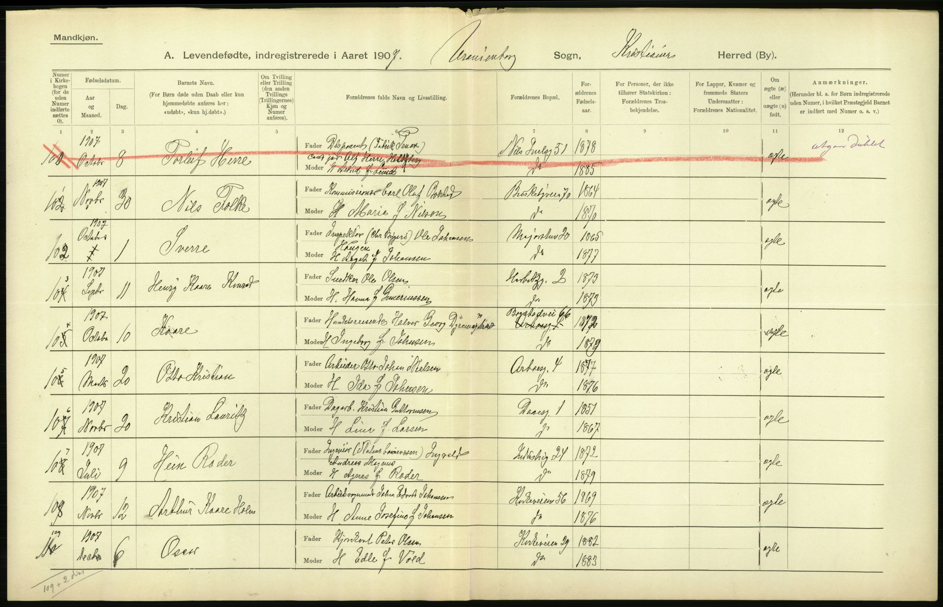 Statistisk sentralbyrå, Sosiodemografiske emner, Befolkning, AV/RA-S-2228/D/Df/Dfa/Dfae/L0006: Kristiania: Levendefødte menn og kvinner., 1907, p. 264