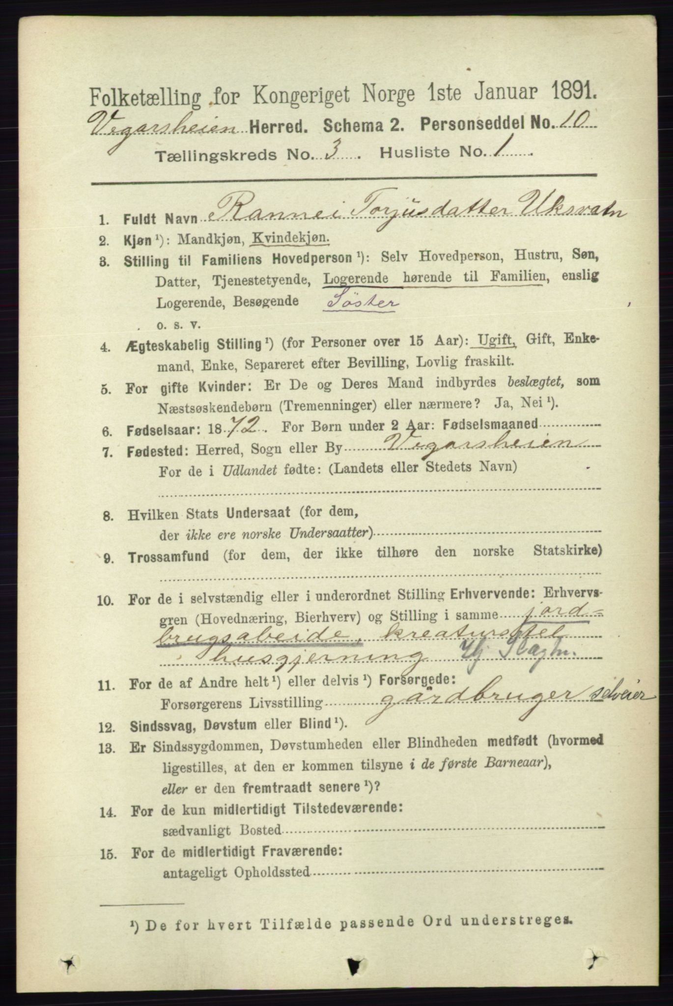 RA, 1891 census for 0912 Vegårshei, 1891, p. 628