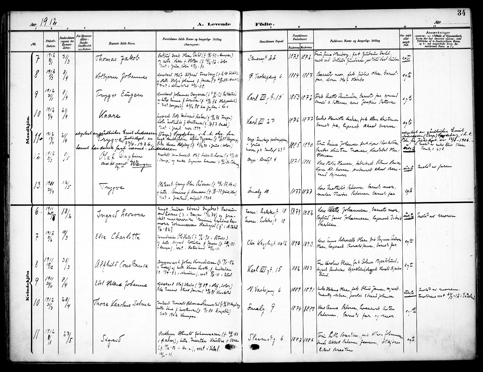 Vaterland prestekontor Kirkebøker, AV/SAO-A-10880/F/Fa/L0001: Parish register (official) no. 1, 1907-1930, p. 34