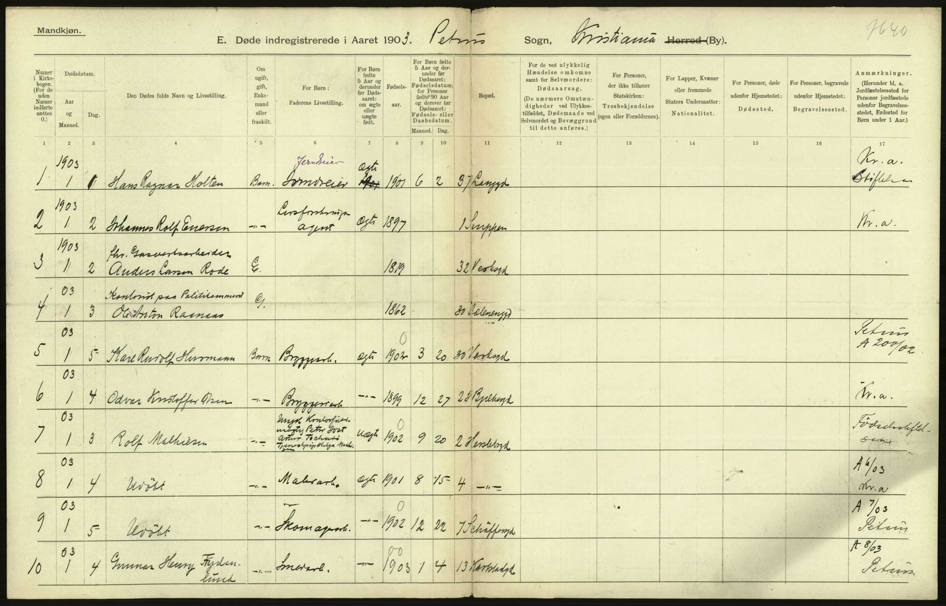 Statistisk sentralbyrå, Sosiodemografiske emner, Befolkning, AV/RA-S-2228/D/Df/Dfa/Dfaa/L0004: Kristiania: Gifte, døde, 1903, p. 330