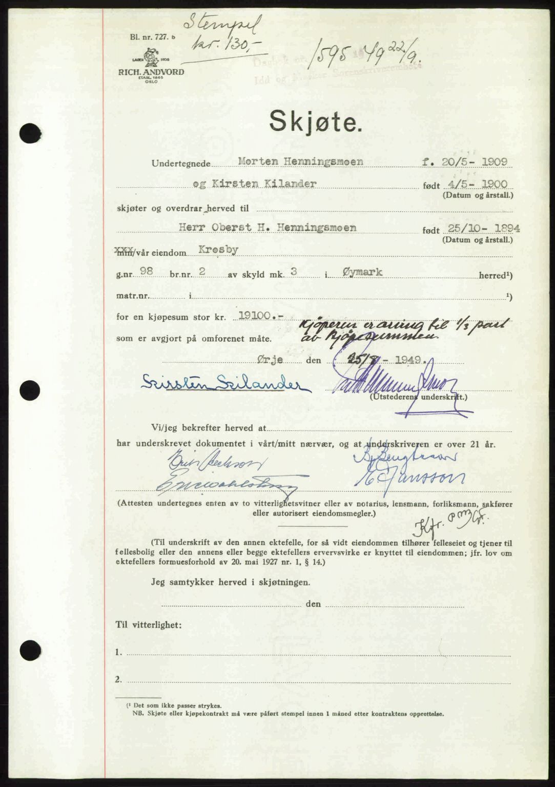 Idd og Marker sorenskriveri, AV/SAO-A-10283/G/Gb/Gbb/L0012: Mortgage book no. A12, 1949-1949, Diary no: : 1595/1949