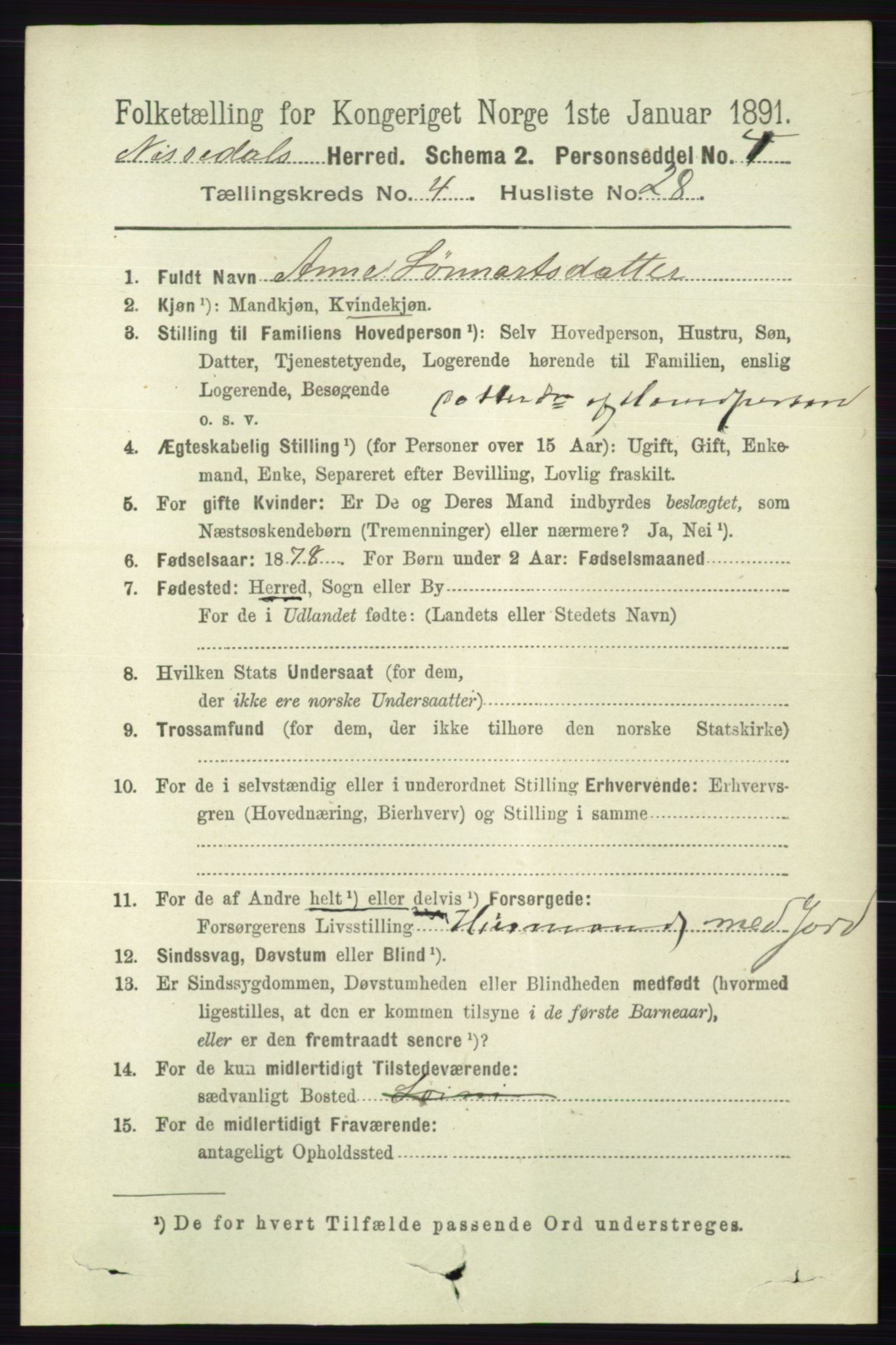 RA, 1891 census for 0830 Nissedal, 1891, p. 1055