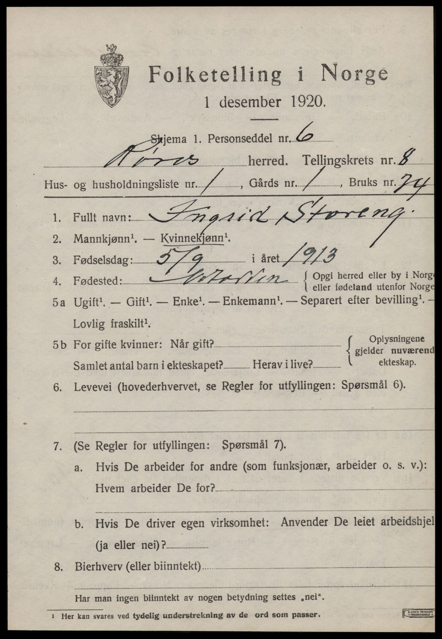 SAT, 1920 census for Røros, 1920, p. 7366