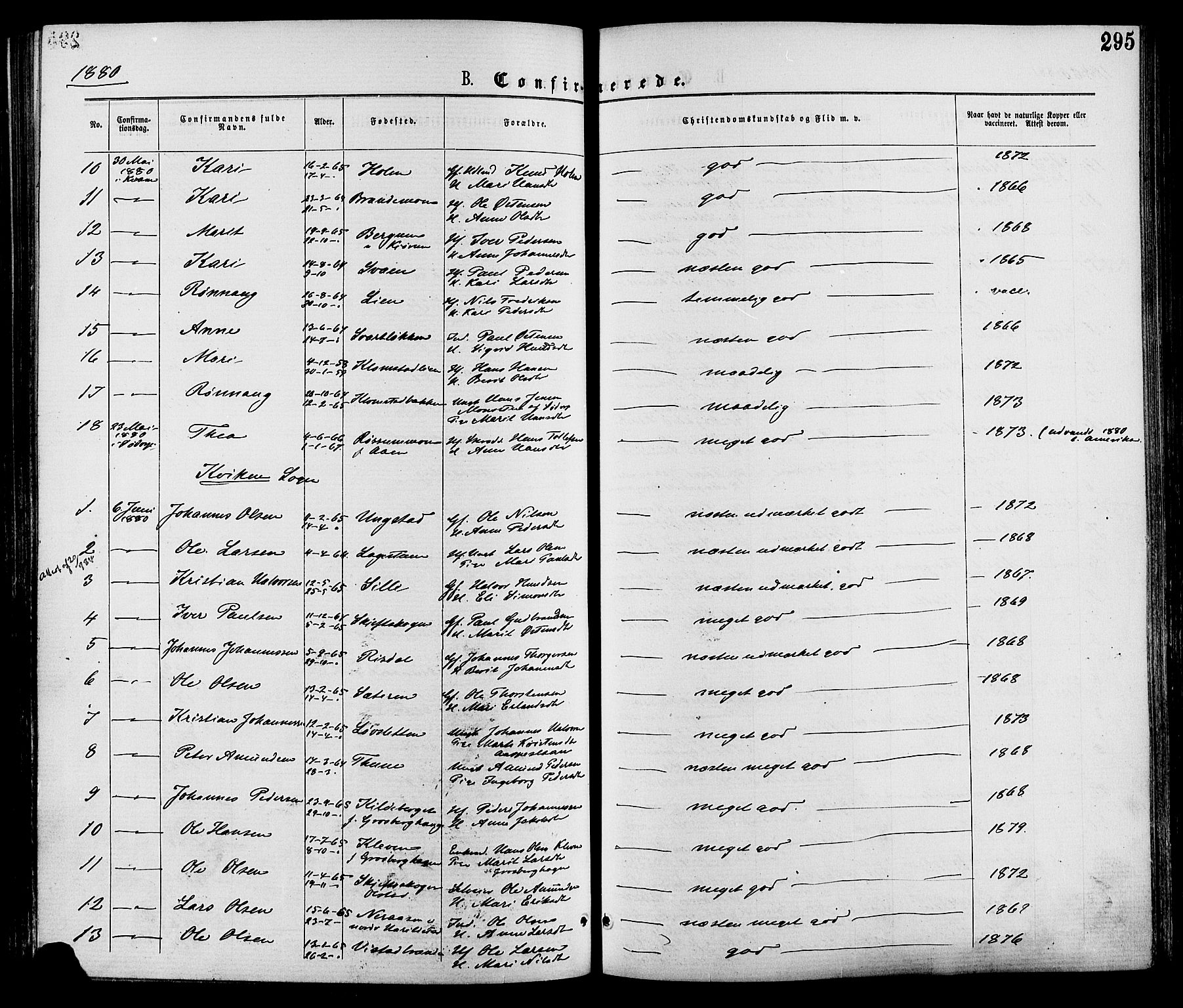 Nord-Fron prestekontor, AV/SAH-PREST-080/H/Ha/Haa/L0002: Parish register (official) no. 2, 1865-1883, p. 295