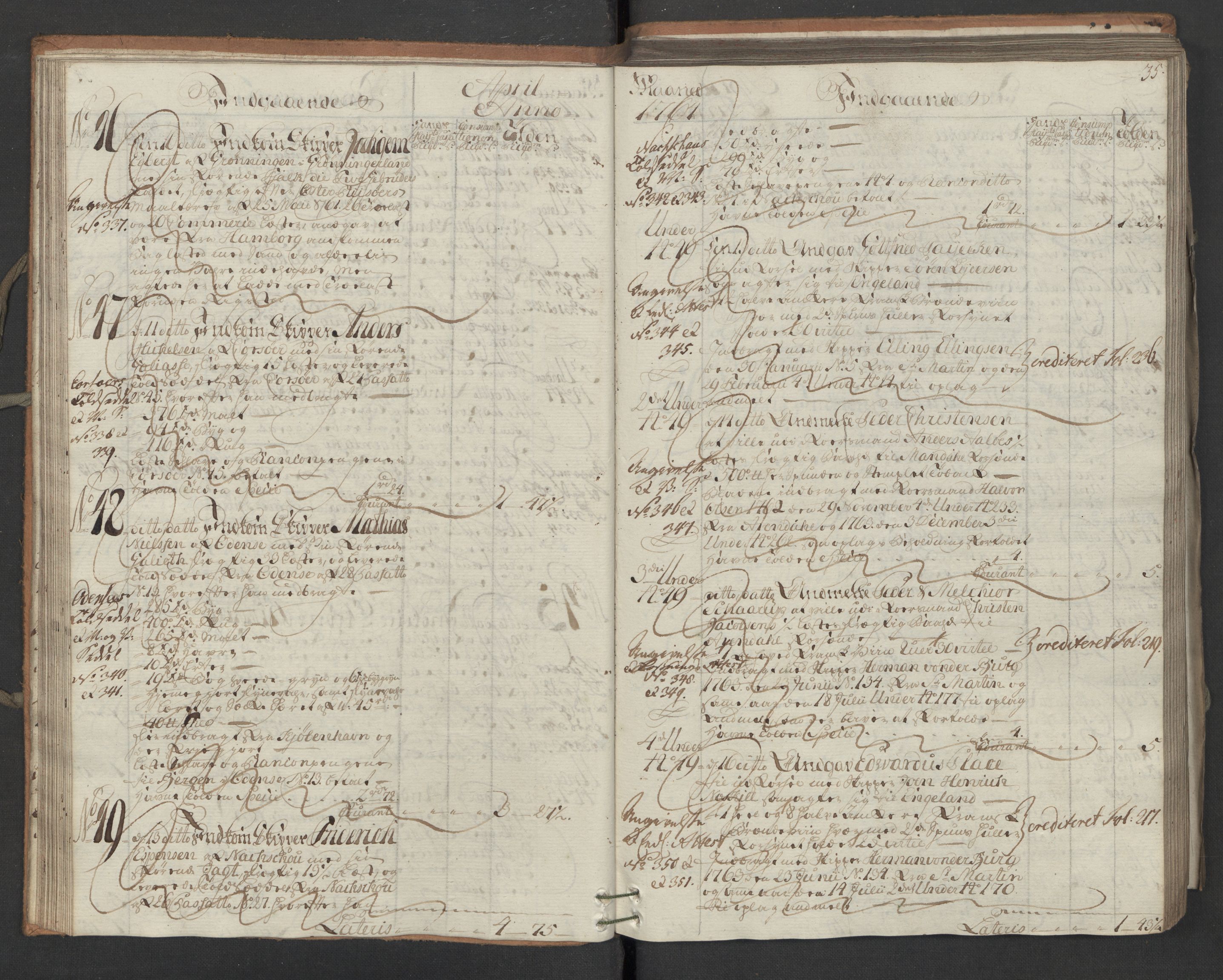 Generaltollkammeret, tollregnskaper, AV/RA-EA-5490/R16/L0054/0001: Tollregnskaper Kristiansand / Inngående hovedtollbok, 1764, p. 34b-35a