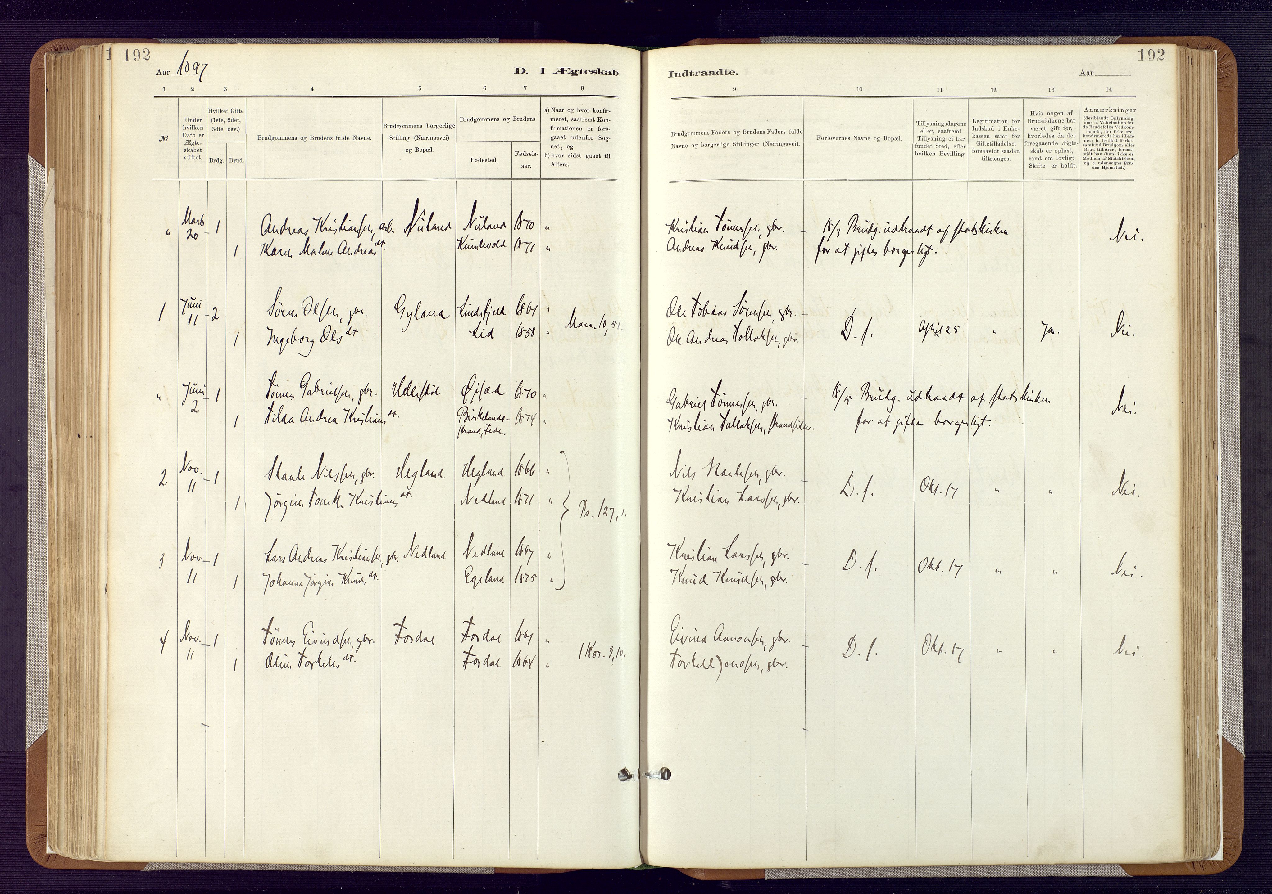 Bakke sokneprestkontor, SAK/1111-0002/F/Fa/Fab/L0003: Parish register (official) no. A 3, 1884-1921, p. 192