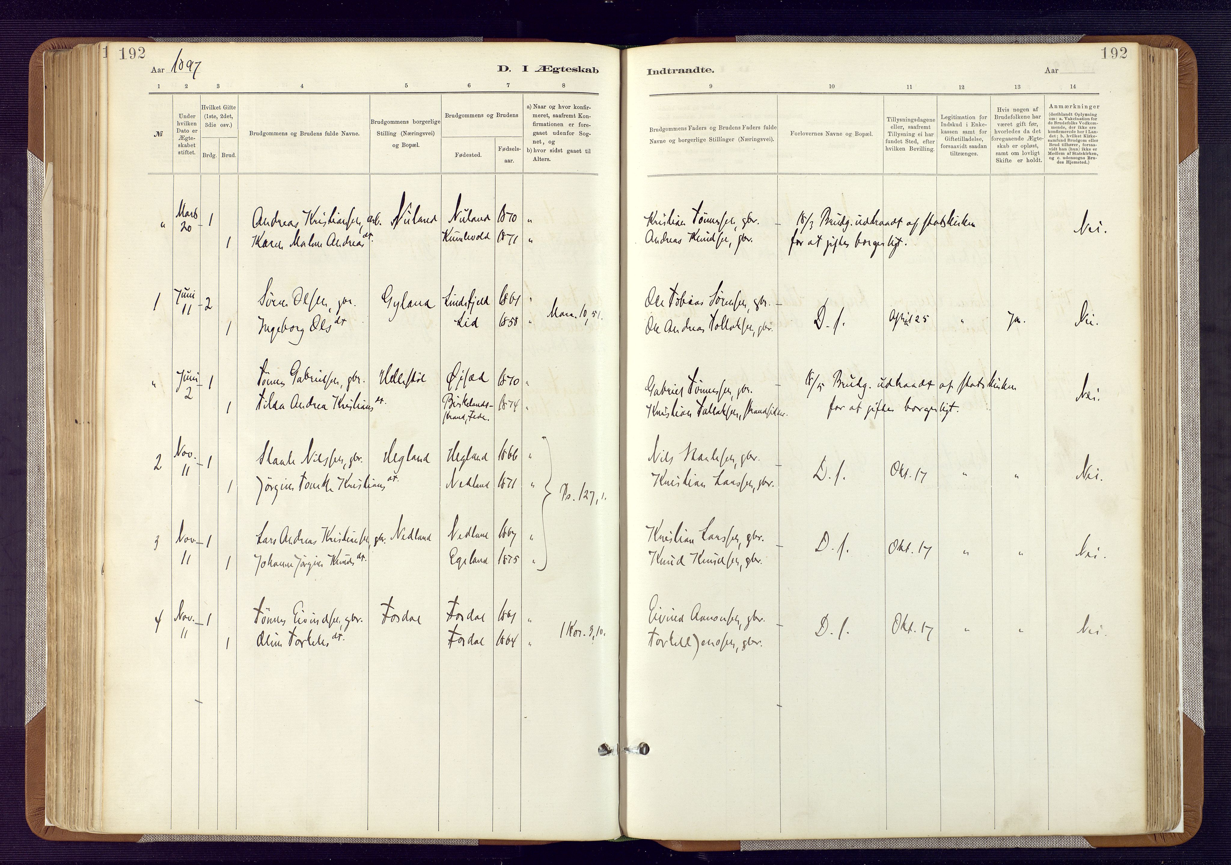 Bakke sokneprestkontor, AV/SAK-1111-0002/F/Fa/Fab/L0003: Parish register (official) no. A 3, 1884-1921, p. 192