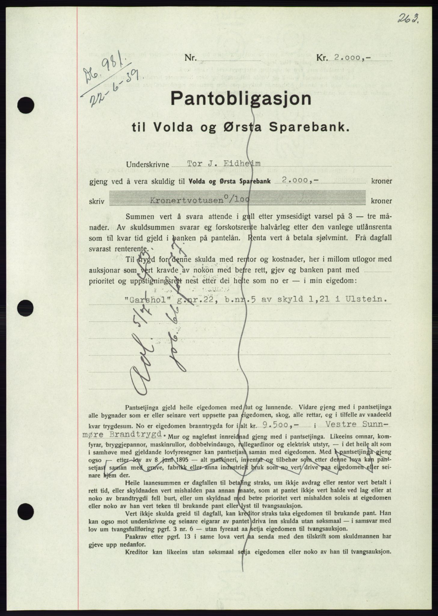 Søre Sunnmøre sorenskriveri, AV/SAT-A-4122/1/2/2C/L0068: Mortgage book no. 62, 1939-1939, Diary no: : 981/1939