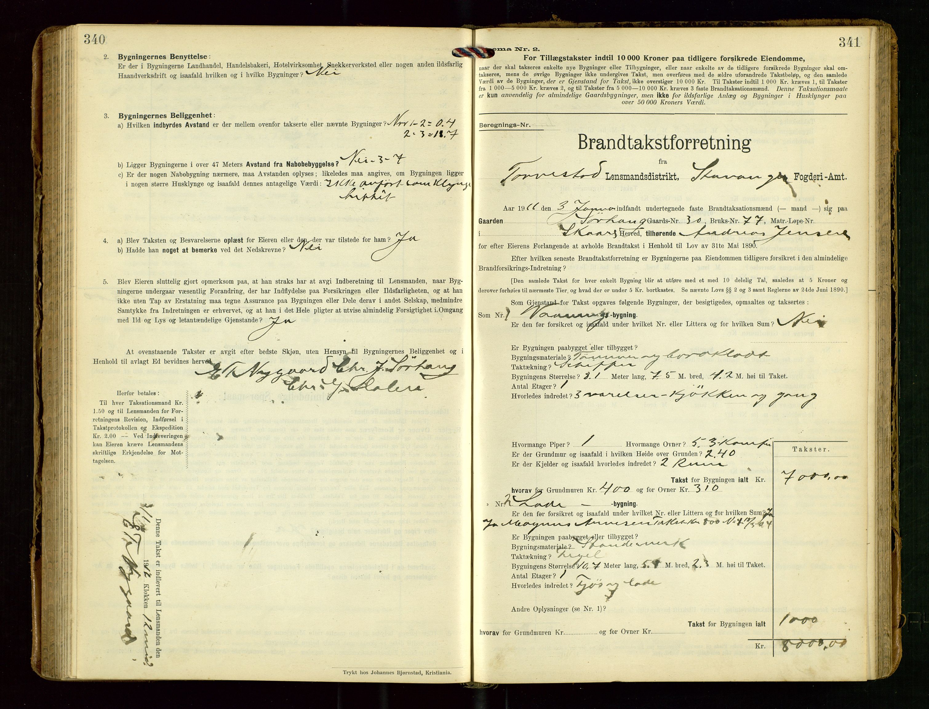 Torvestad lensmannskontor, SAST/A-100307/1/Gob/L0004: "Brandtaxationsprotokol for Torvestad Lensmannsdistrikt", 1909-1923, p. 340-341